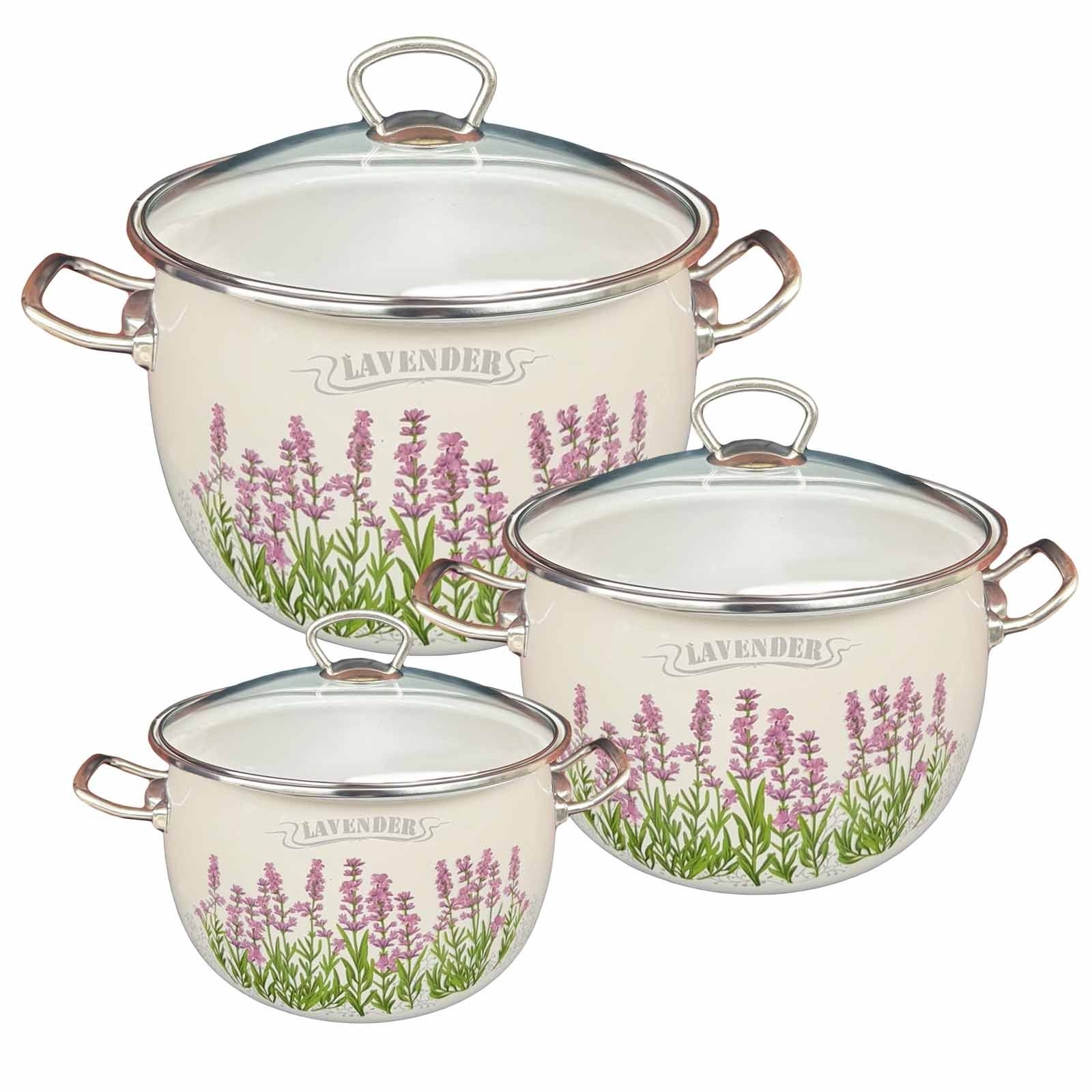 Set mit drei emaillierten Kochtöpfen, "Lavender" Premium Plus, 2,5L, 3,5L, 5L