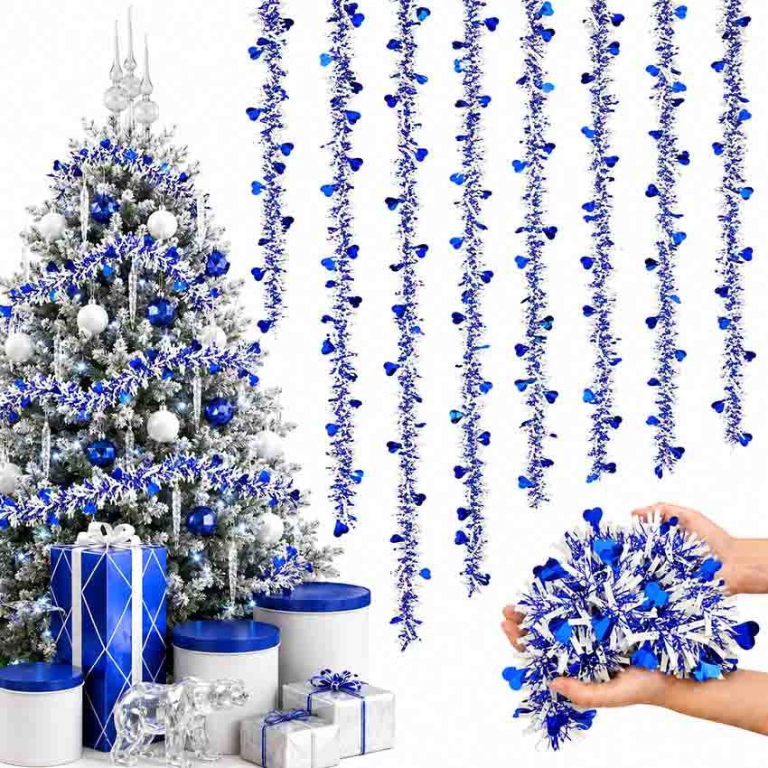 Tannenbaum-Lametta, Blau-Weiß mit Herzen, Ø 9х150 cm