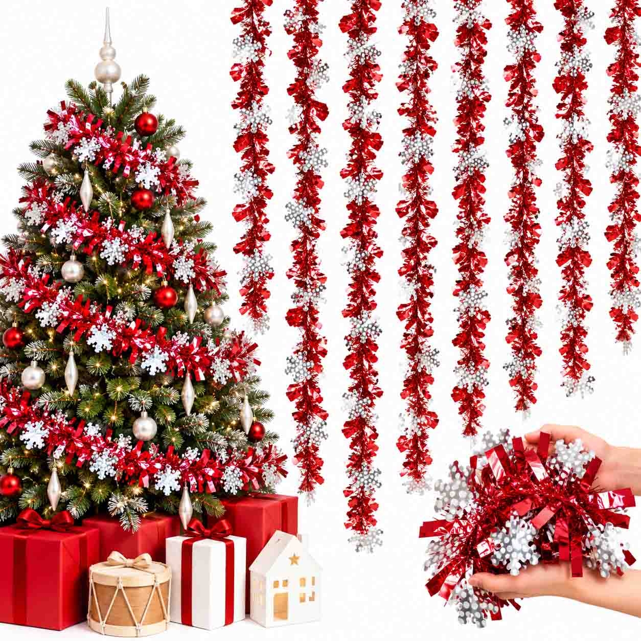Tannenbaum-Lametta, Rot-Silbern mit Schneeflocken, Ø 9х150 cm