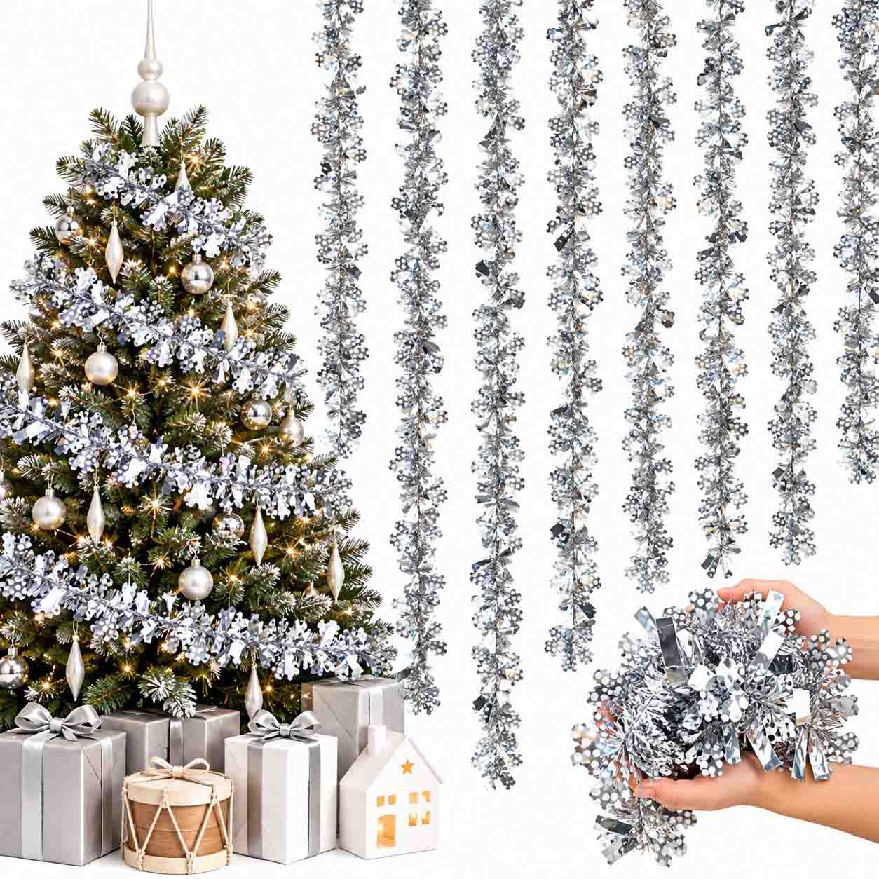 Tannenbaum-Lametta, Silbern mit Schneeflocken, Ø 9х150 cm