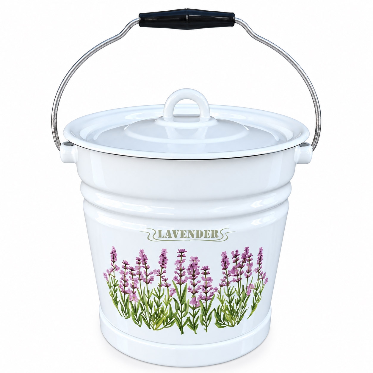 Eimer mit Deckel und Stand "Lavender", 12 L, emailliert konisch