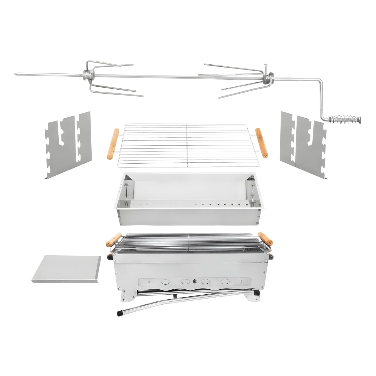 Grill „Stern des Orients“ aus Edelstahl mit höhenverstellbarem Grillrost, verstellbaren Luftzug, Kohlekorb und Drehspieß (gratis inklusive).