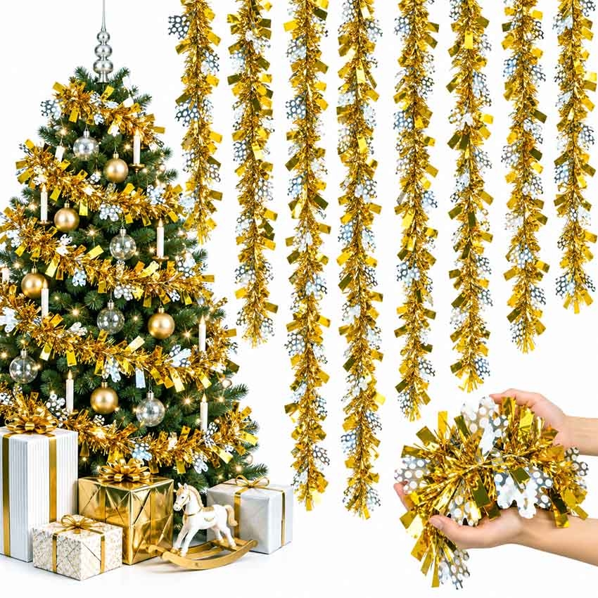 Tannenbaum-Lametta, Gelb-Weiß mit Schneeflocken, Ø 9х150 cm