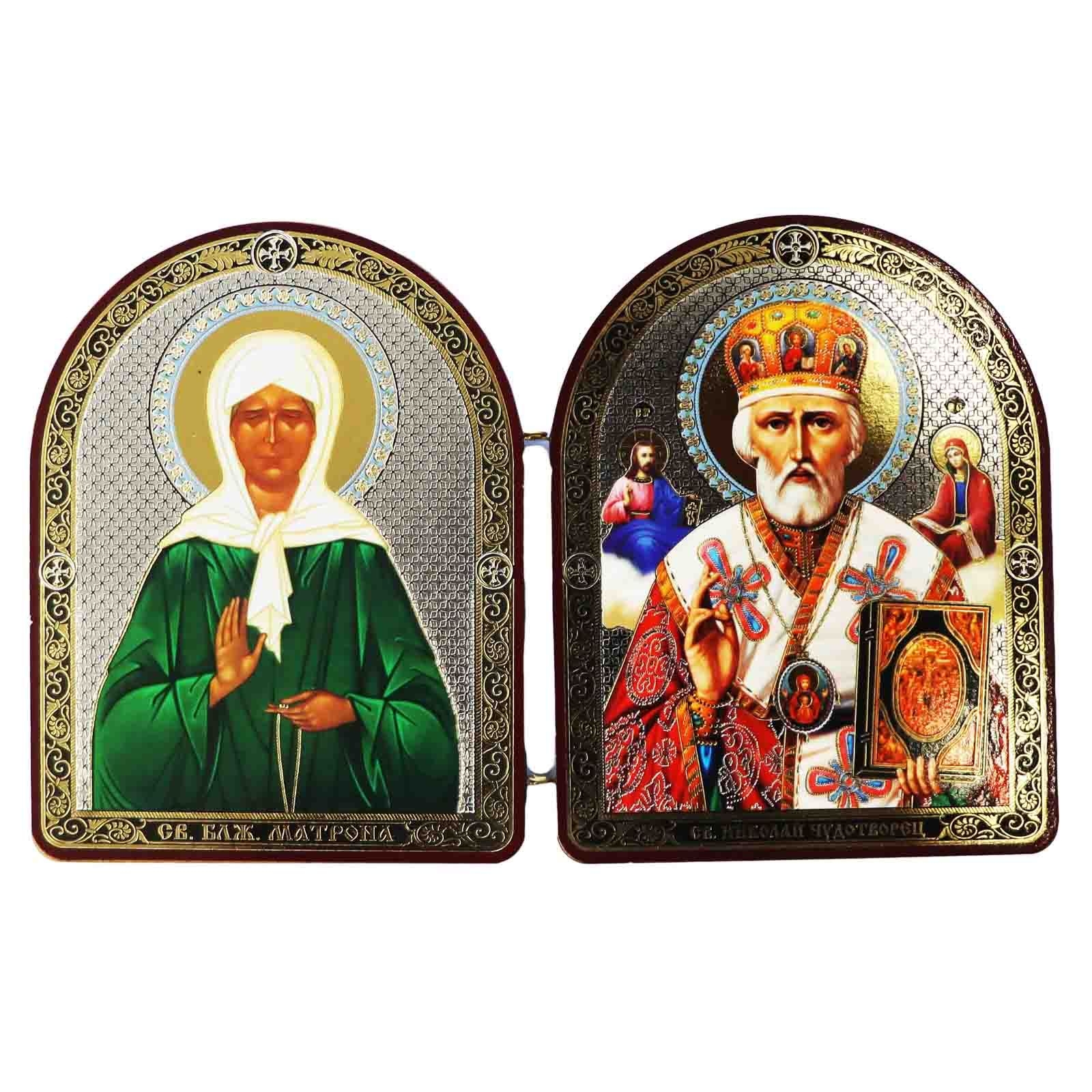 Ikone 2-fach (Holz), "Matrona i Nikolaj", 10x12 cm