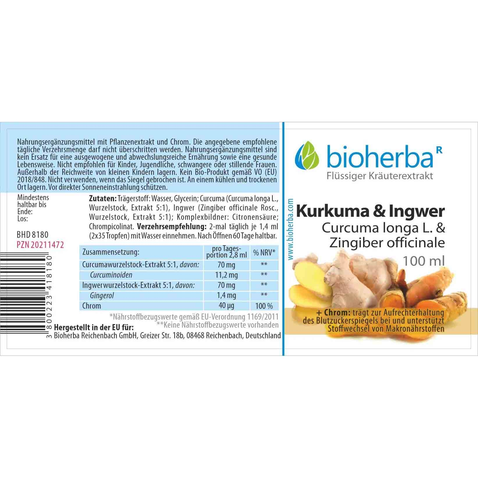"Bioherba" - Kurkuma & Ingwer Tropfen, Tinktur, 100 ml