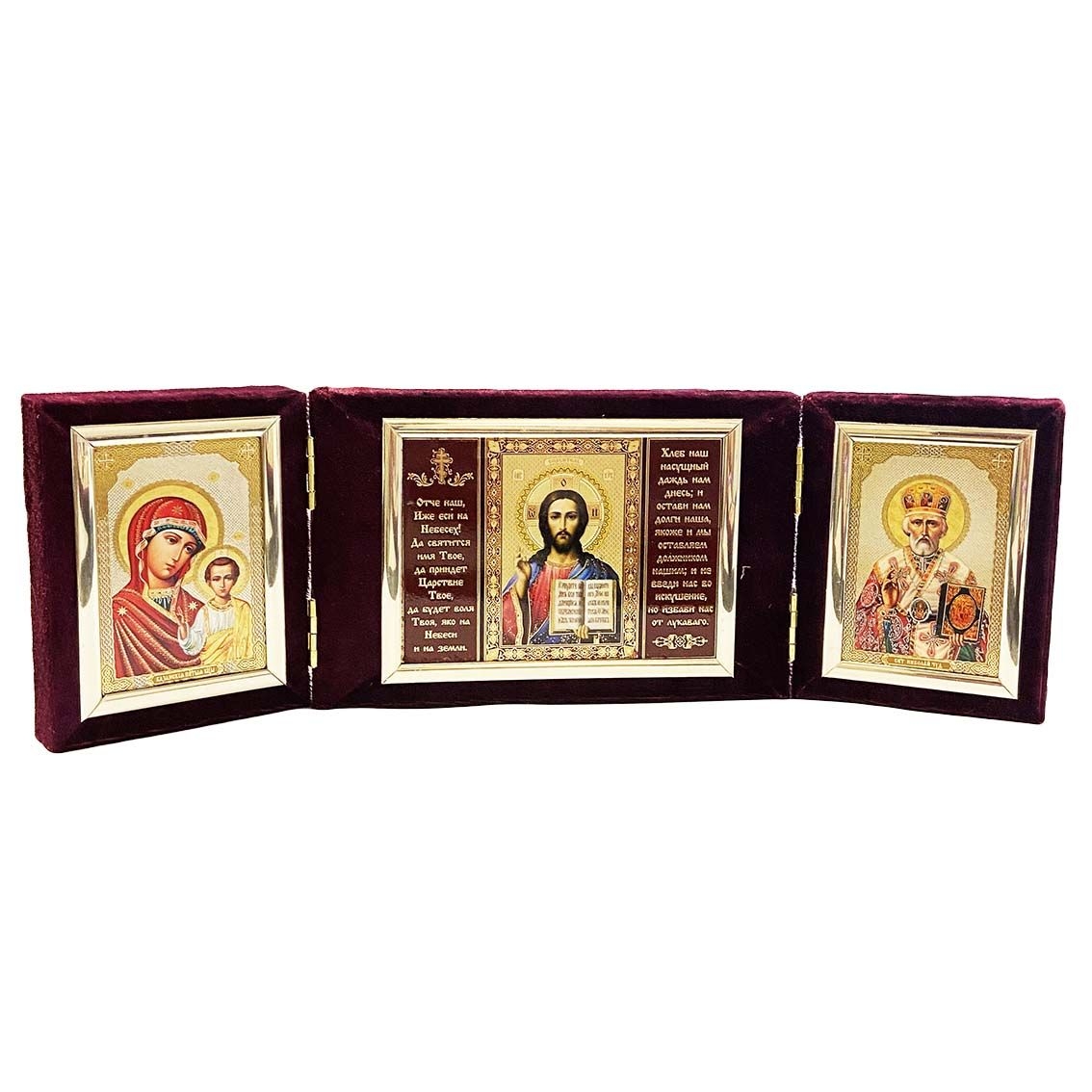 Ikone 4-fach (Holz in Samt), mit Gebet, (Kasanskaja, Nikolaj). 10x35 cm