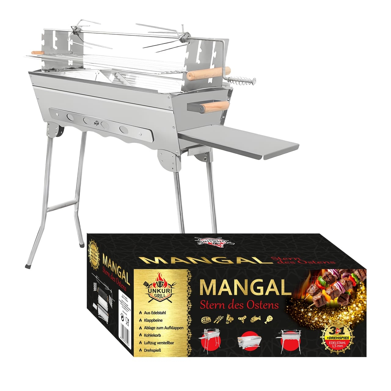 Grill „Stern des Orients“ aus Edelstahl mit höhenverstellbarem Grillrost, verstellbaren Luftzug, Kohlekorb und Drehspieß (gratis inklusive).