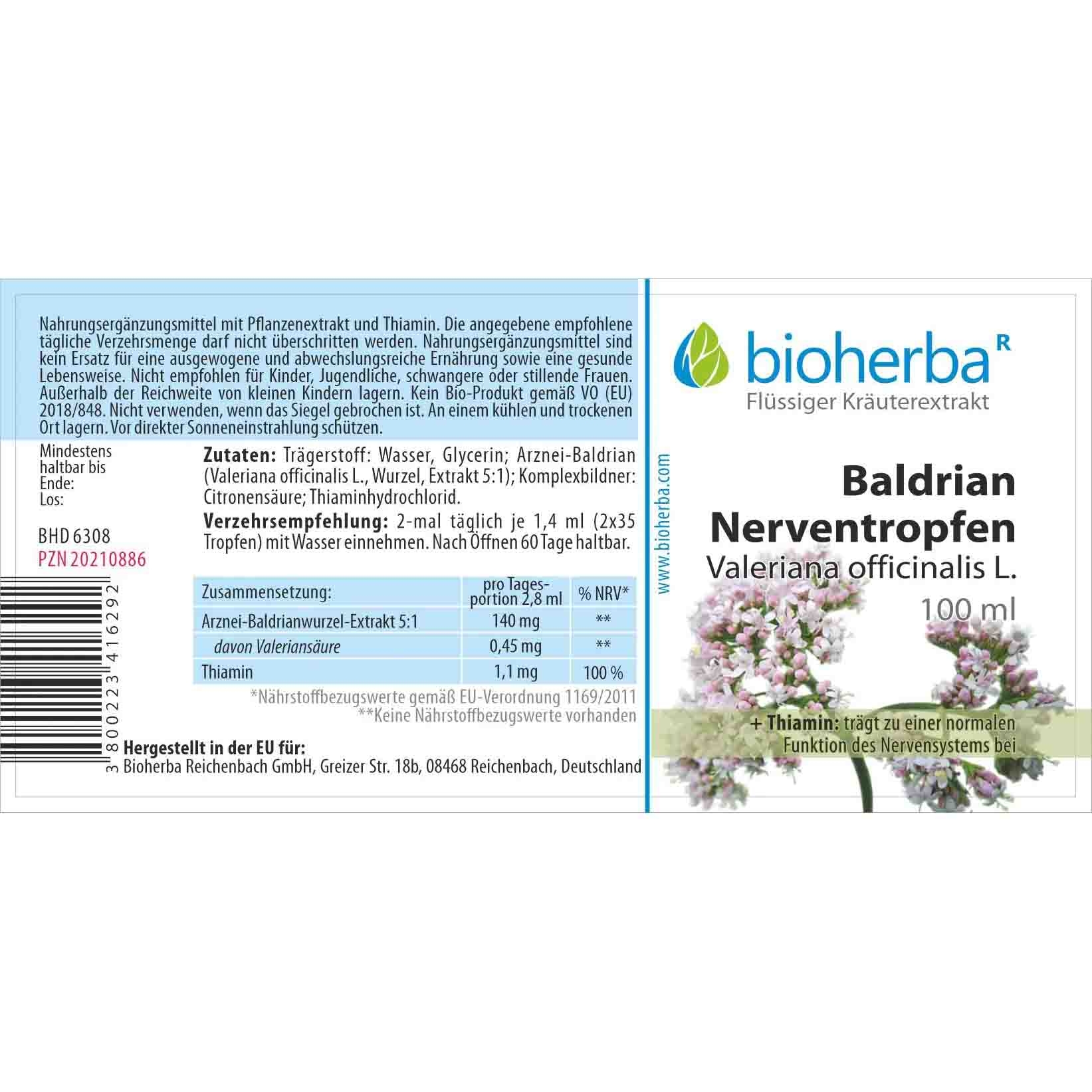 "Bioherba" - Baldrian Nerventropfen, Valeriana officinalis L., Tinktur, 100 ml