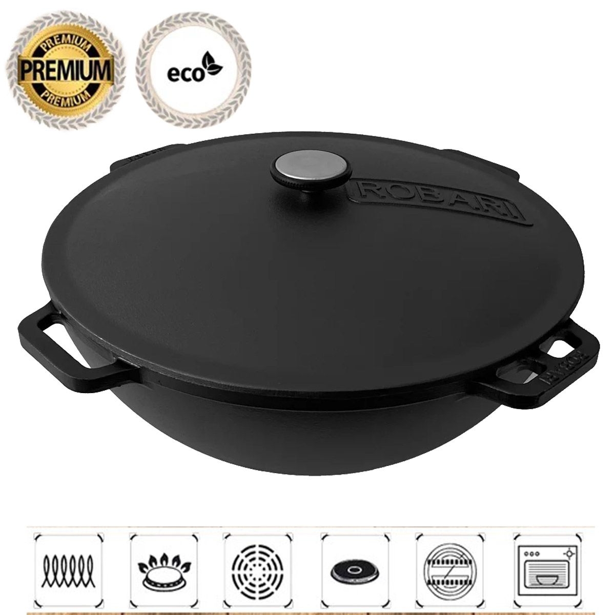 Kasan 15 L, Wok Asia mit Deckel aus Gusseisen  (KA15-1)