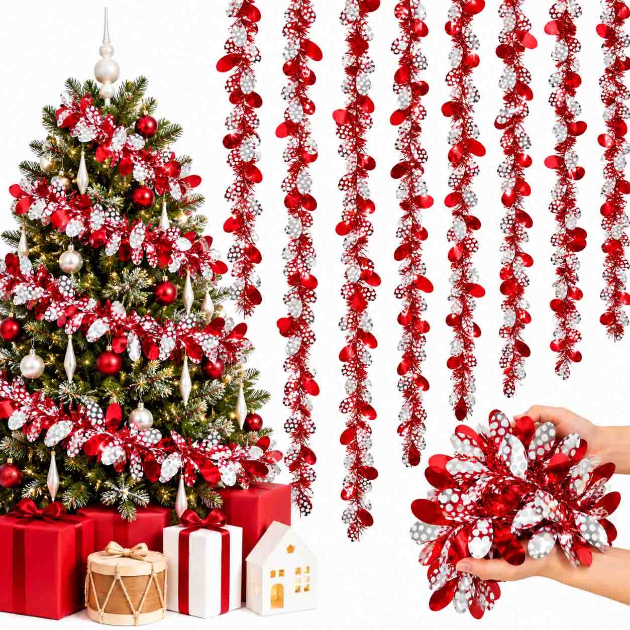 Tannenbaum-Lametta, Rot-Silbern mit Blütenblätter, Ø 9х150 cm