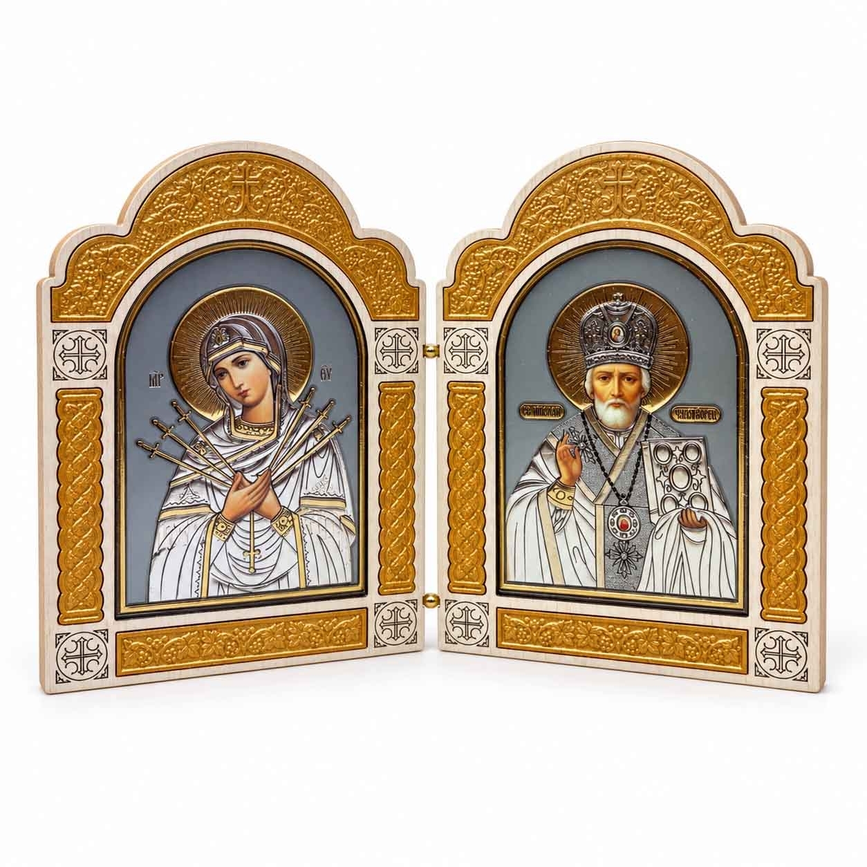 Ikone 2-fach (Holz), Figuren, "Semistrelnaya und Nikolaj" (mit weiß), 8.5x12 cm