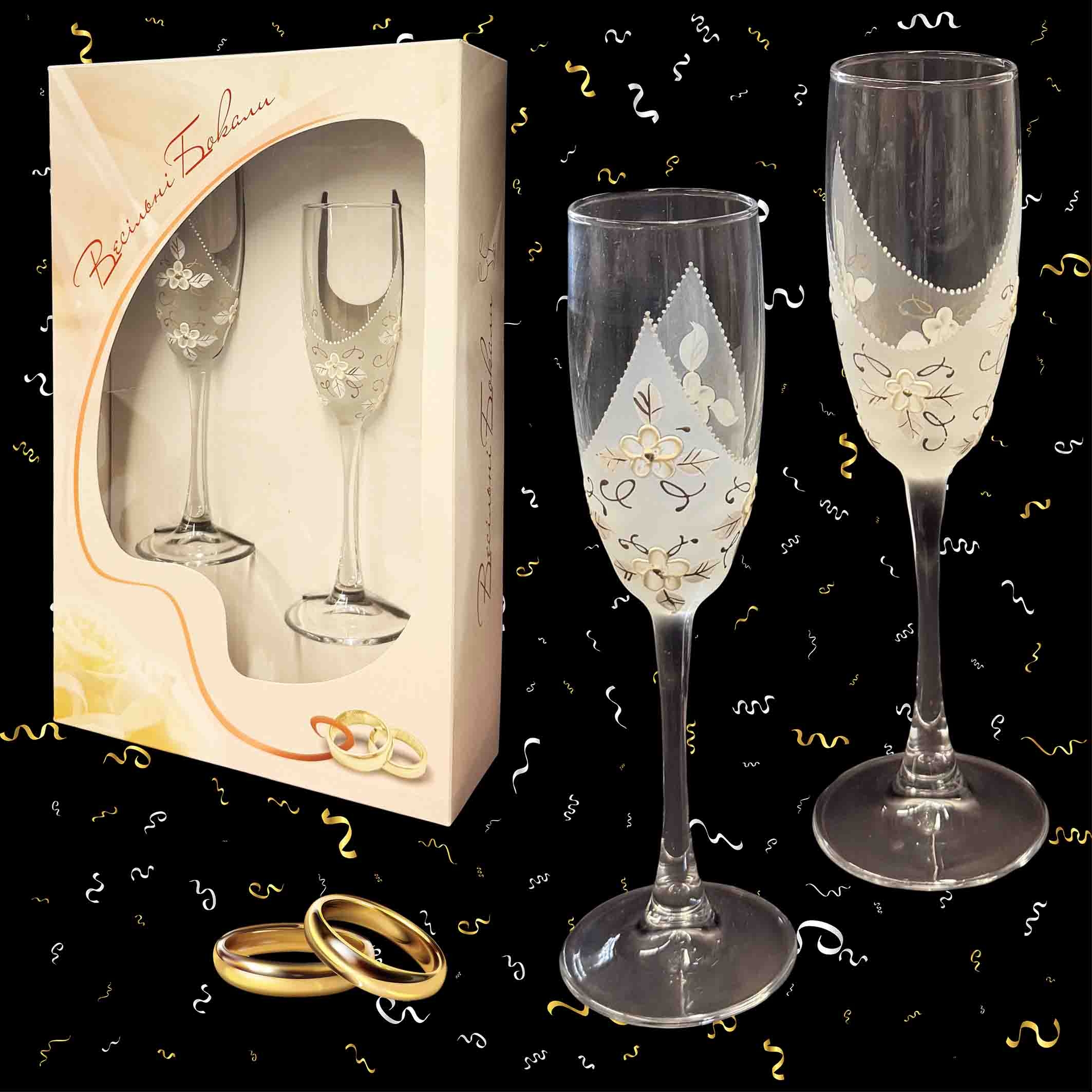 Geschenkset aus 2 Hochzeitsgläsern "Patricie", Böhmisches Glas, handbemalt, 160 ml