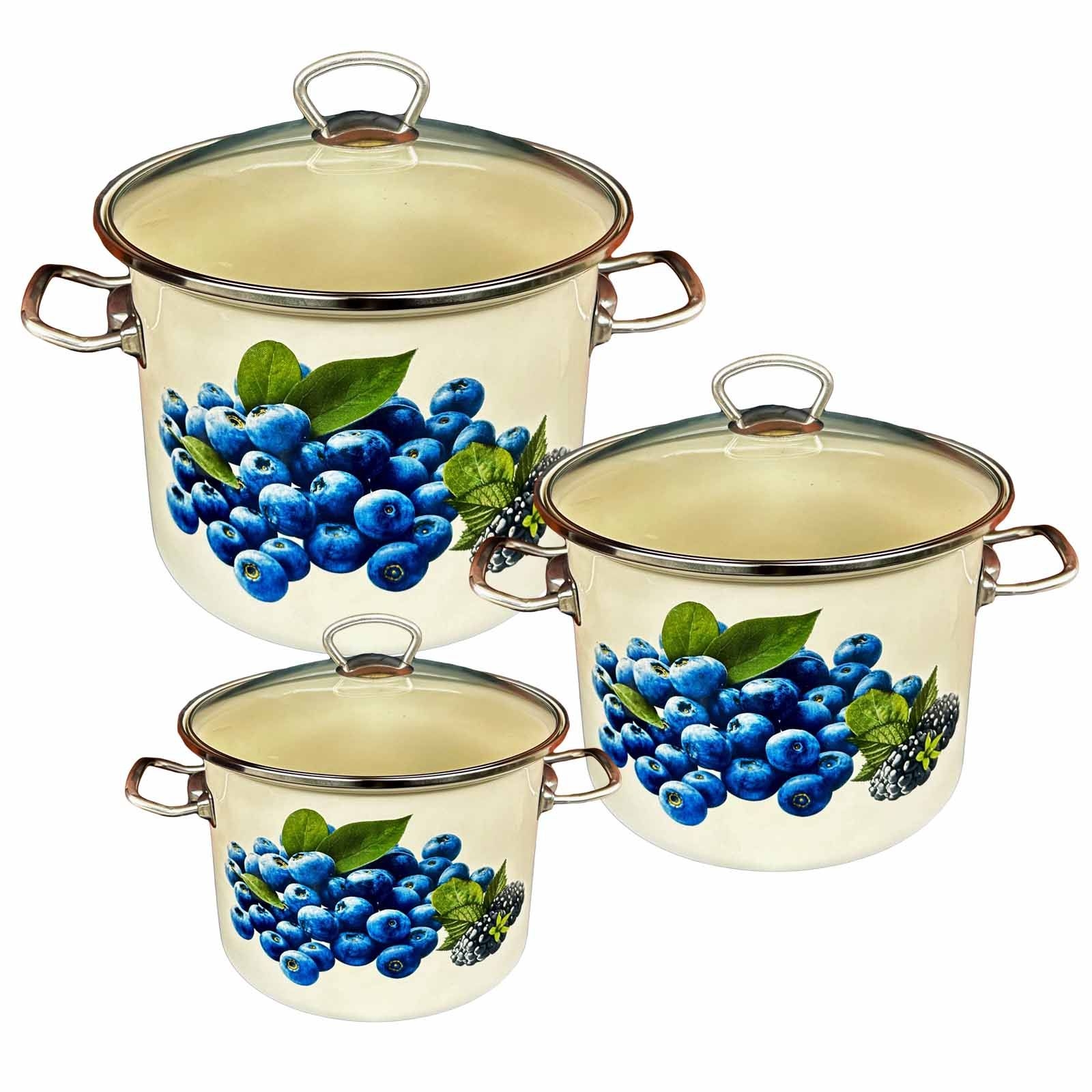 Set mit drei emaillierten Kochtöpfen, "Heidelbeeren", 2L, 3L, 5,5L
