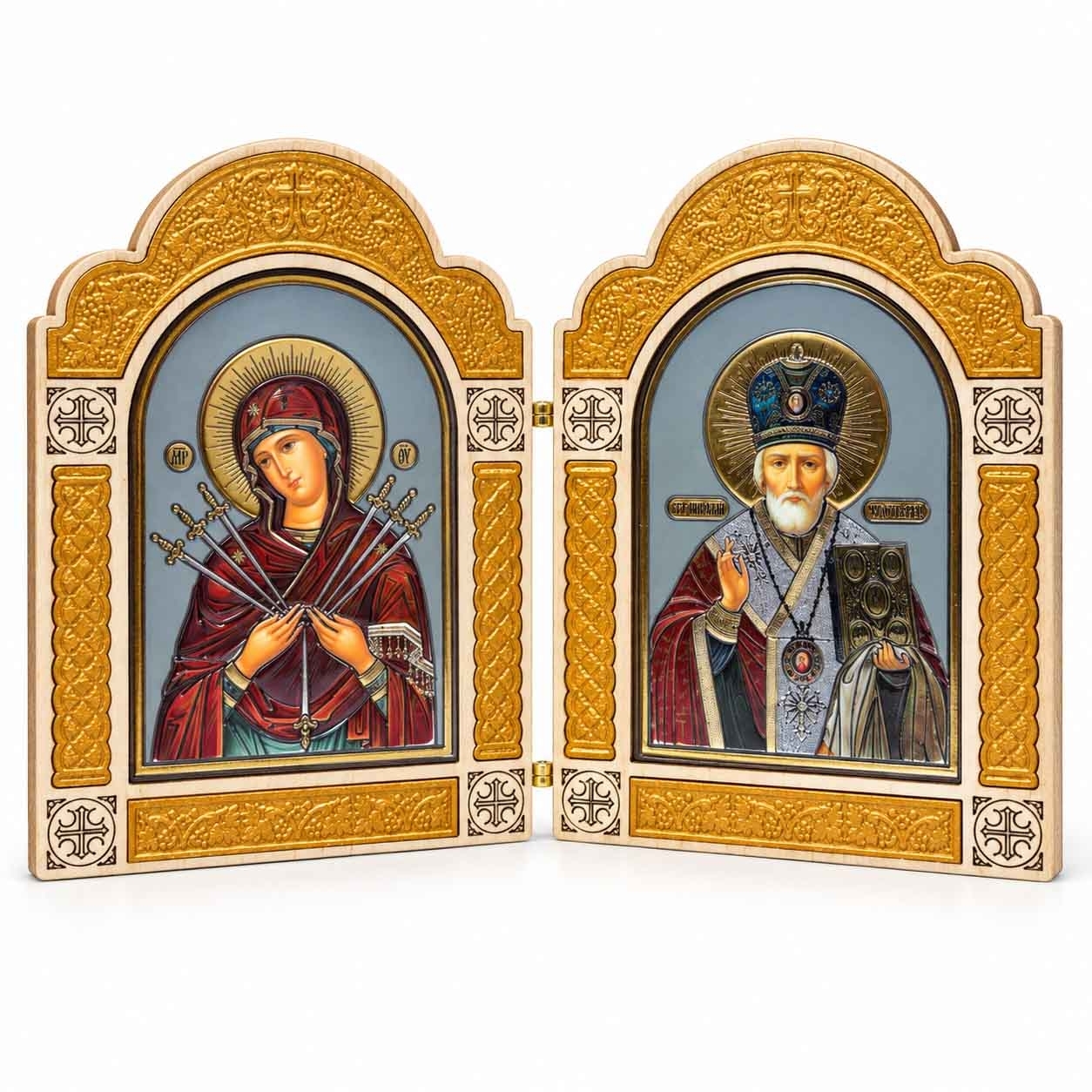 Ikone 2-fach (Holz), Figuren, "Semistrelnaya und Nikolaj" (mit rot), 8.5x12 cm