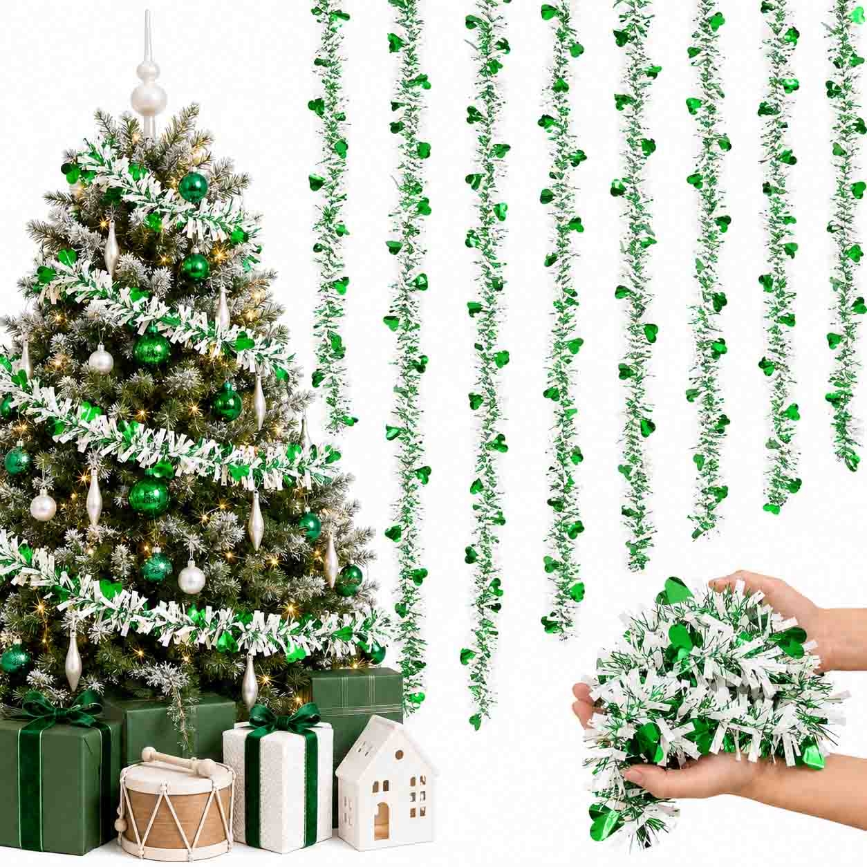 Tannenbaum-Lametta, Grün-Weiß mit Herzen, Ø 9х150 cm