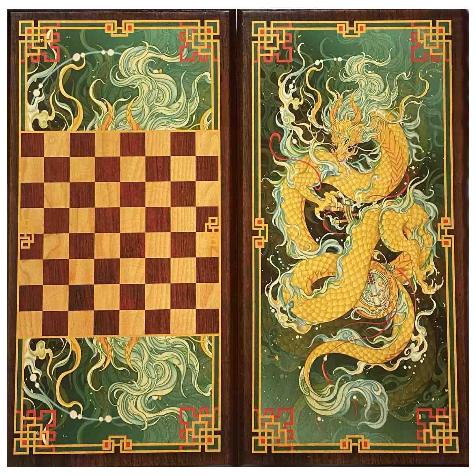 Backgammon "Drache" aus Holz, 500x500 mm