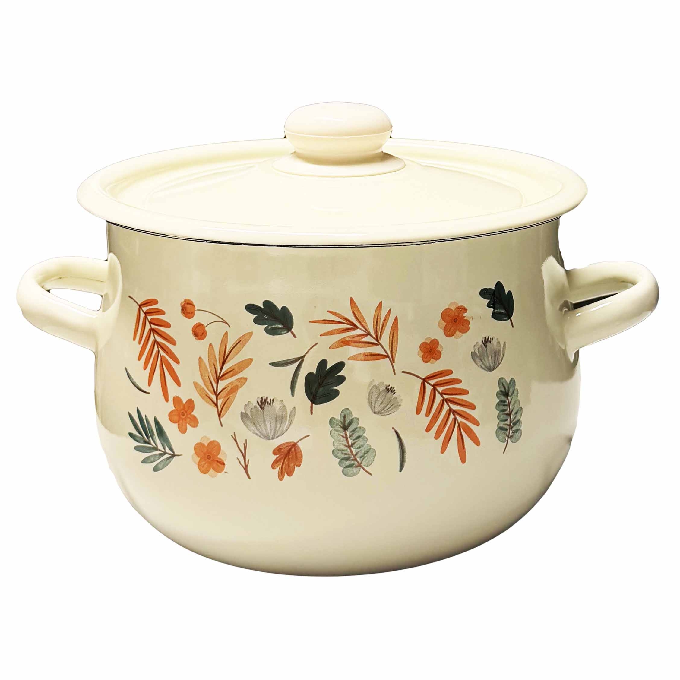 Kochtopf mit Deckel, emailliert, Birnenform, 4,75 L, "Beige mit Blättern"