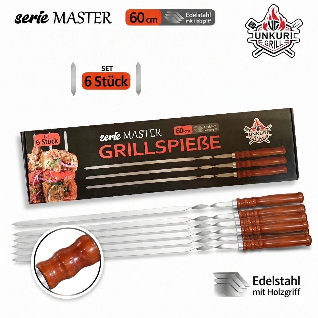 Grillspieße mit Holzgriffen, 60 cm x 1,5 cm x 2 mm, 6 St.