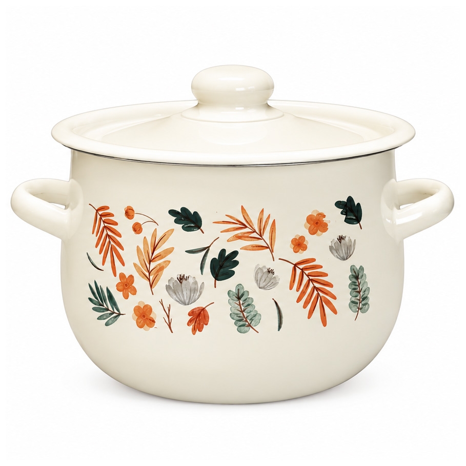 Kochtopf mit Deckel, emailliert, Birnenform, 4,75 L, "Beige mit Blättern"