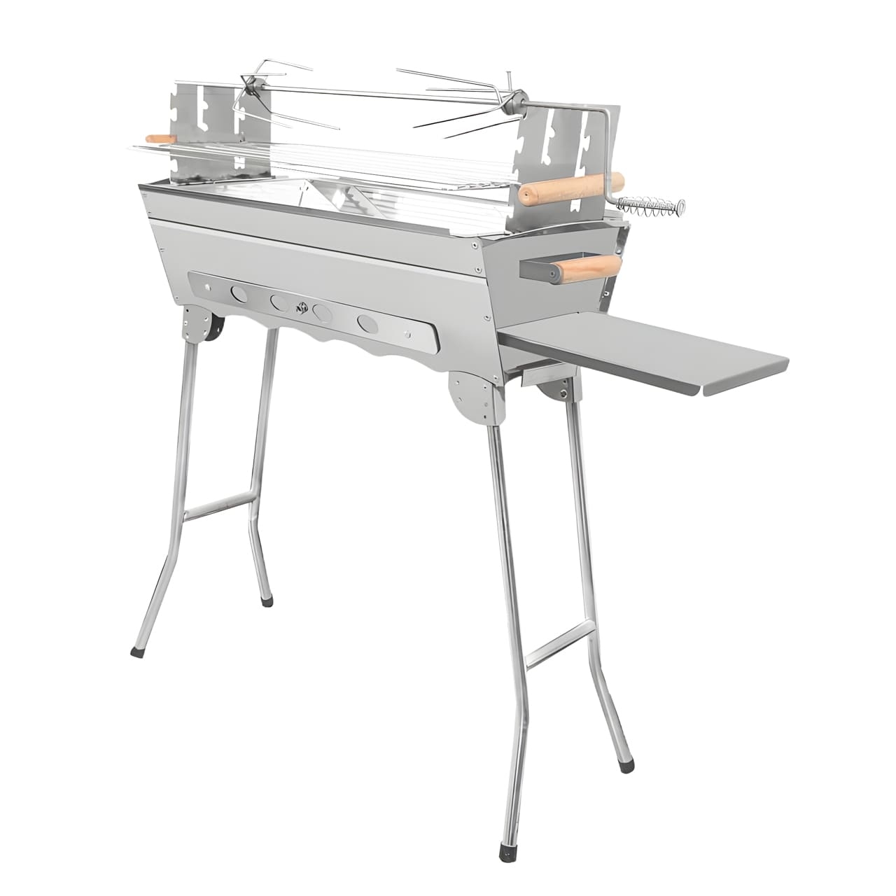 Grill „Stern des Orients“ aus Edelstahl mit höhenverstellbarem Grillrost, verstellbaren Luftzug, Kohlekorb und Drehspieß (gratis inklusive).