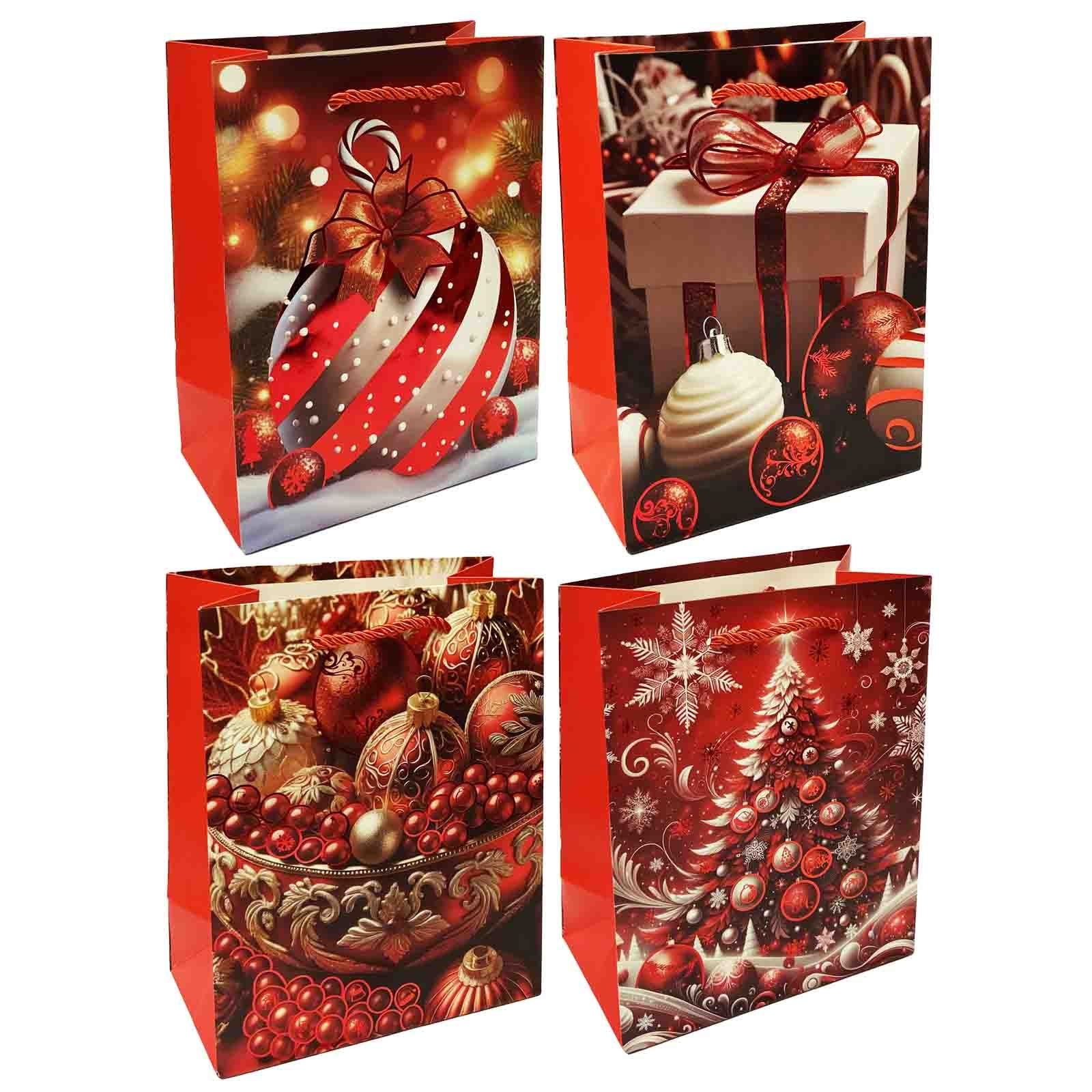 Geschenktasche Set, M, 32x26cm, "Weihnachtskugeln, Weihnachtsbaum, Geschenk", rot