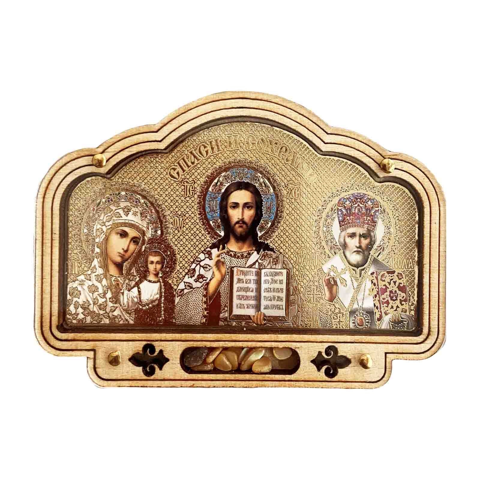 Ikone 3-fach für Auto, aus Holz mit Plexiglas und Weihrauch, 8x5,5 cm