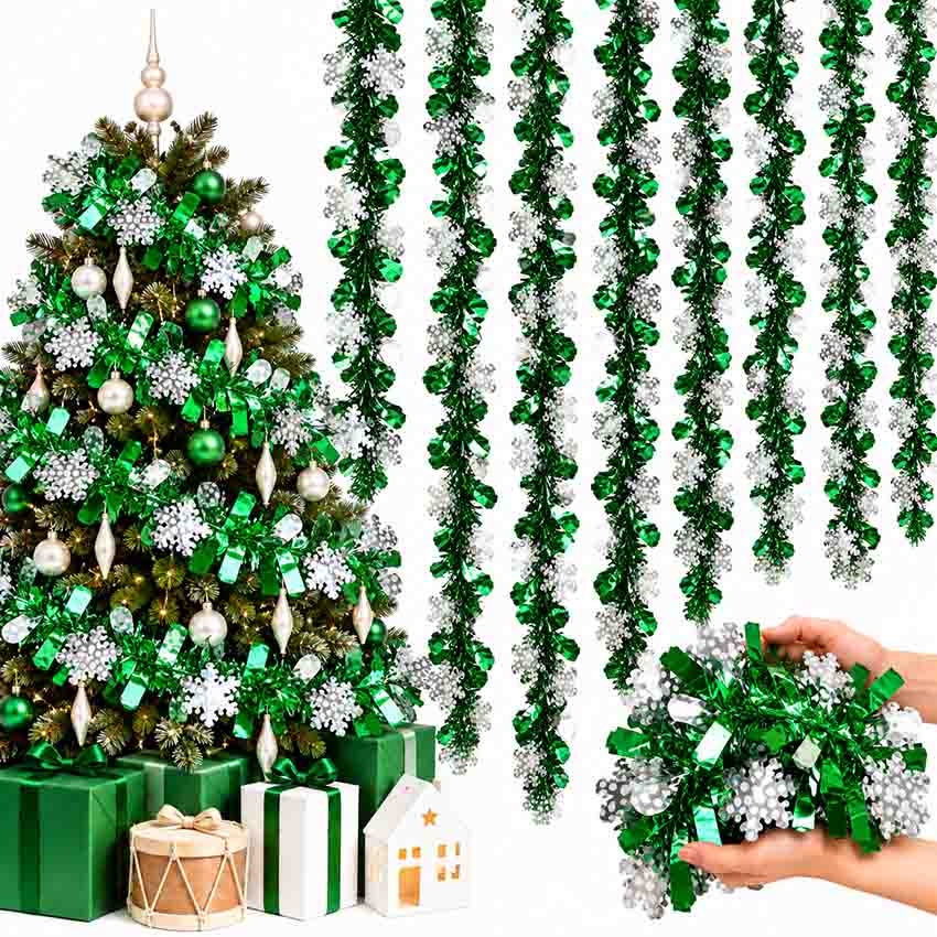 Tannenbaum-Lametta, Grün-Silbern mit Blütenblätter, Ø 9х150 cm