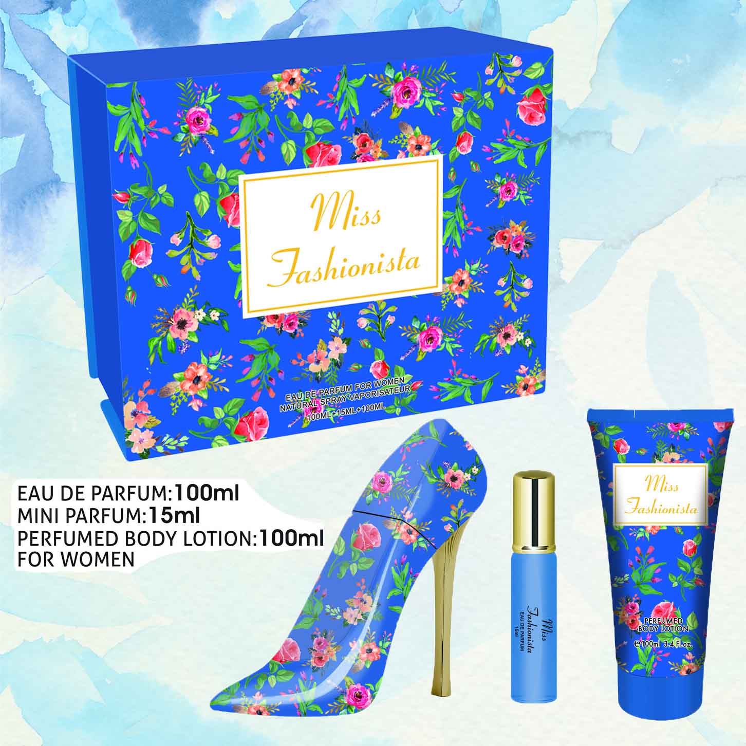 Женский парфюмерный набор "Miss Fashionista", синий (парфюм 100 мл, мини парфюм 15 мл, парфюмированный лосьон для тела 100 мл)