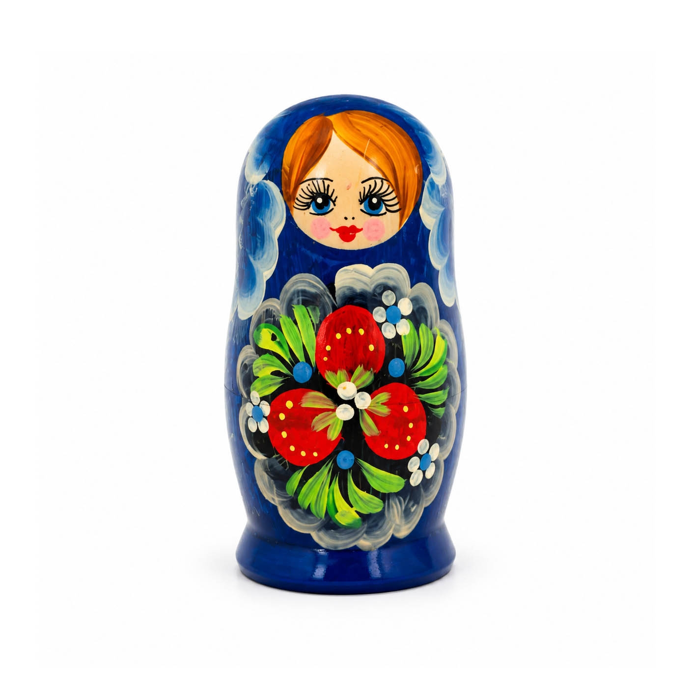 Матрёшка "Народная роспись", "Синяя с тремя клубничками", 10-12 см (5 мест)