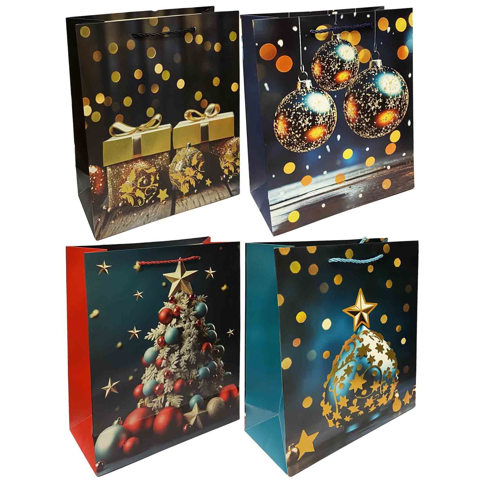 Geschenktasche Set, M, 32x26cm, "Weihnachtskugeln, Geschenke, Weihnachtsbaum", Dark blau