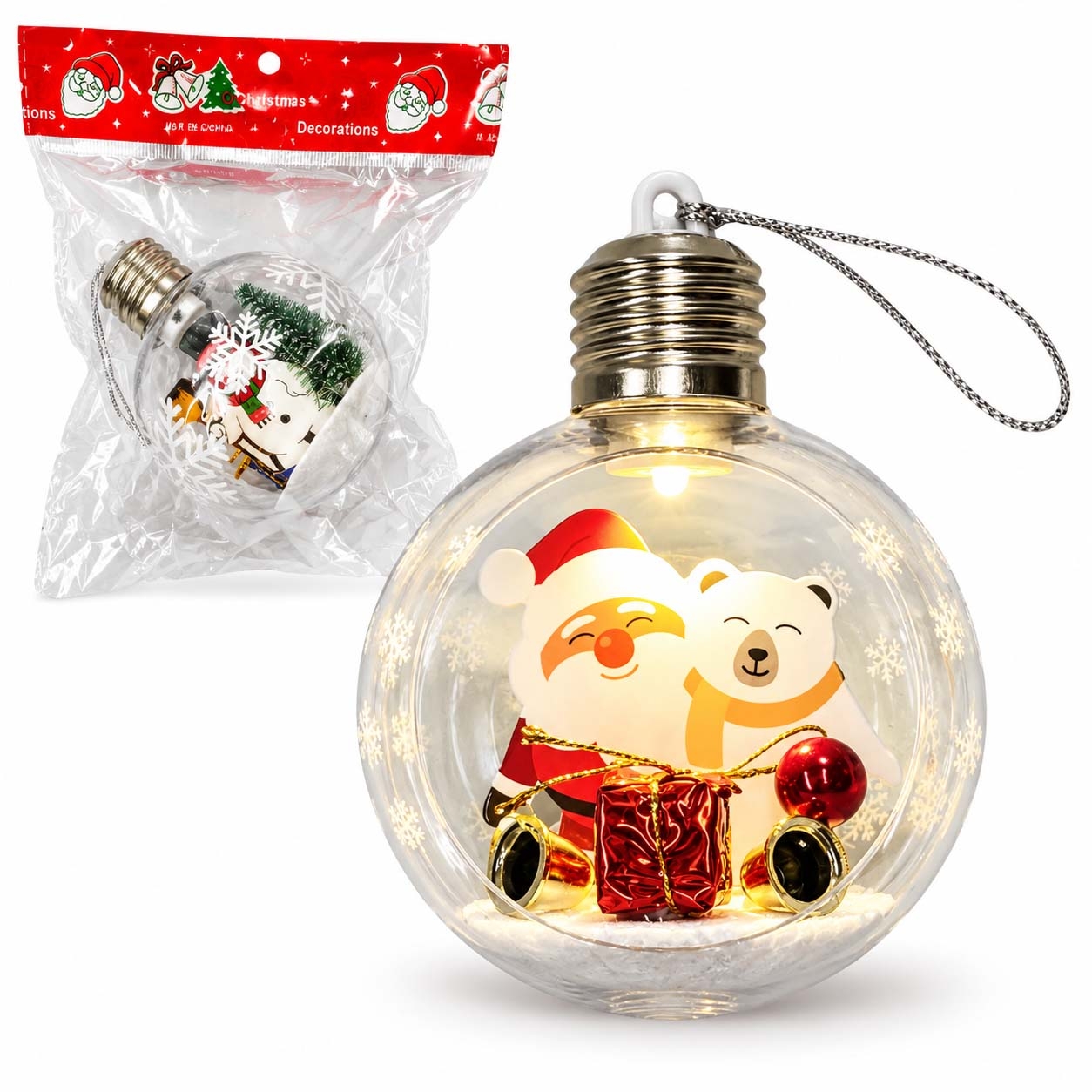 Tannenbaumkugel LED, Kunststoff, Ø 8 cm, "Weihnachtsmann mit einem Bärenjungen", 1 St.