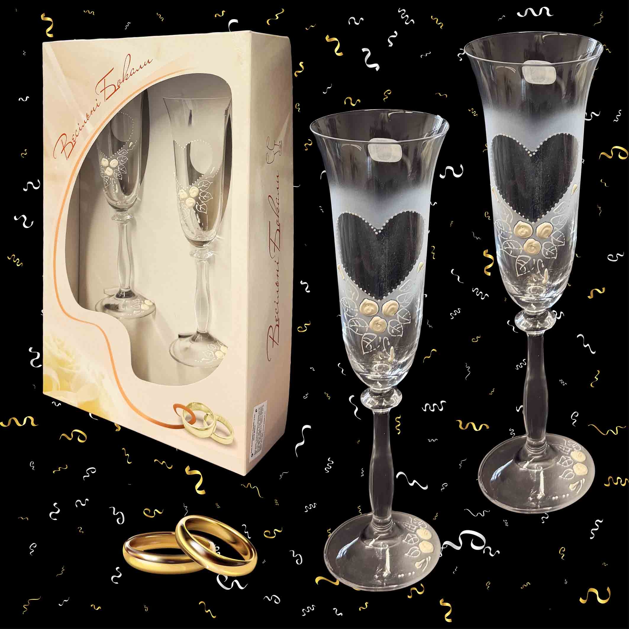 Geschenkset aus 2 Hochzeitsgläsern "Nove Srdce", Böhmisches Glas, handbemalt, 180 ml