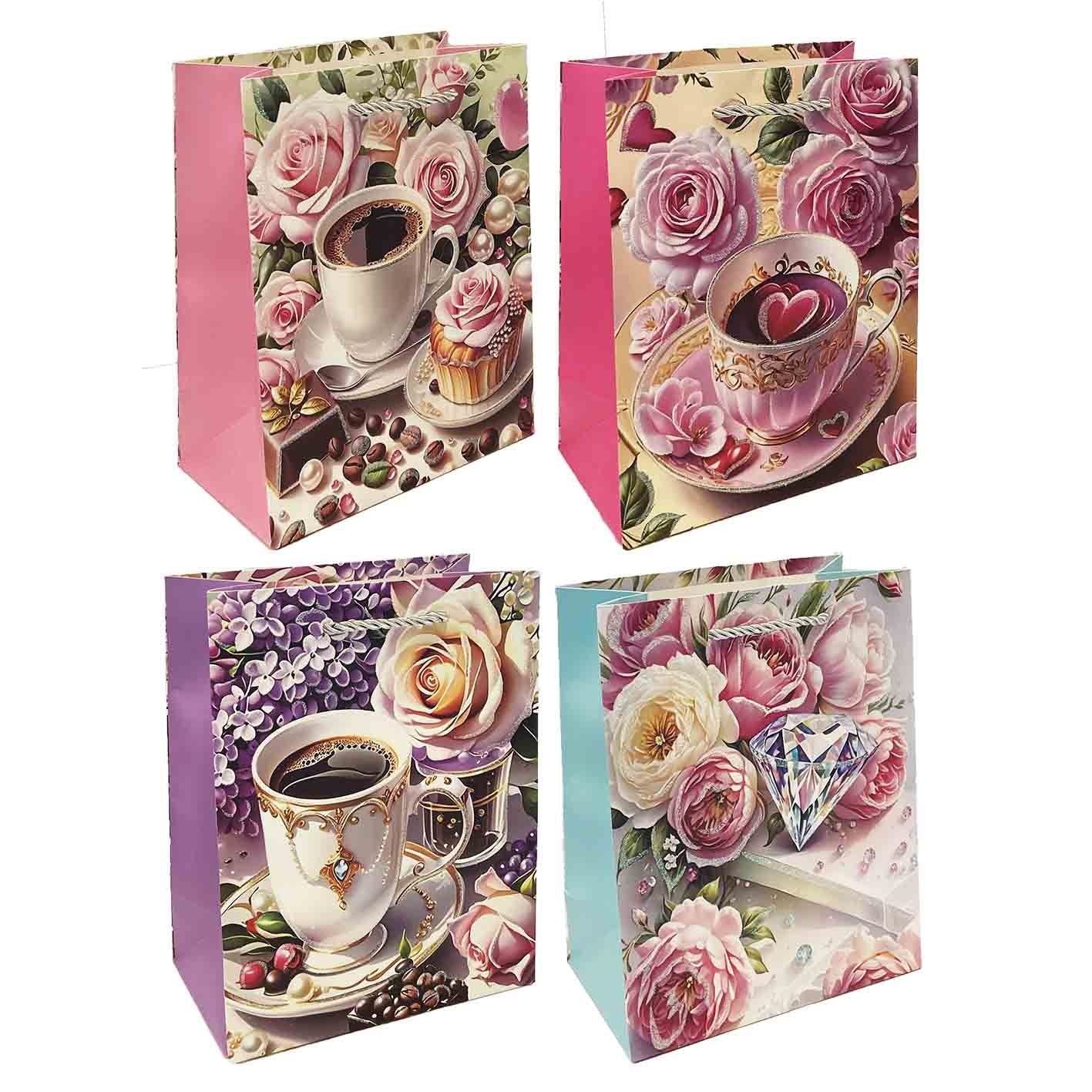 Geschenktasche, S, 23x18cm, "Rosen und Tassen"