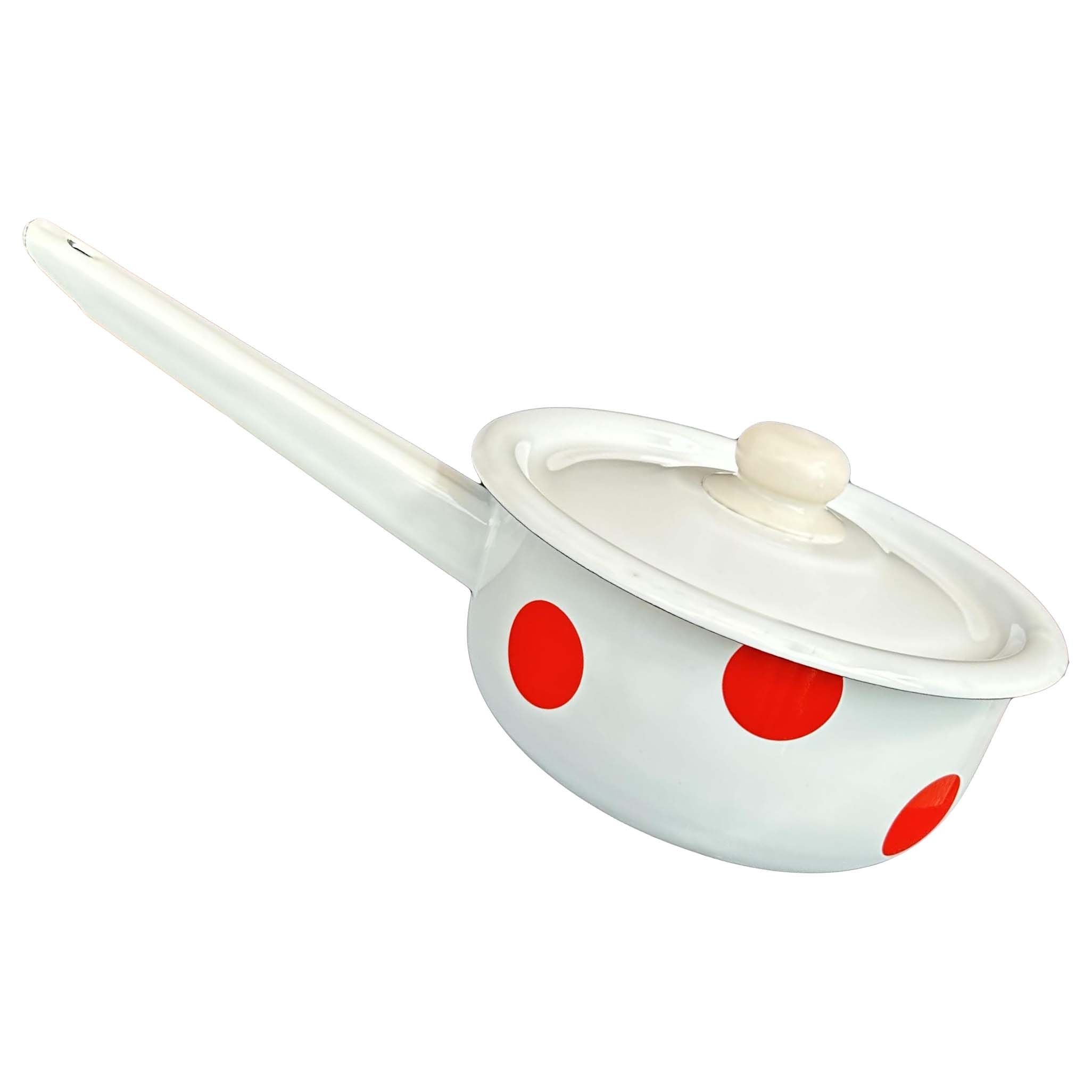 Kochtopf emailliert "Rotes Gepunktetes" mit Griff und Deckel, 1,5 L