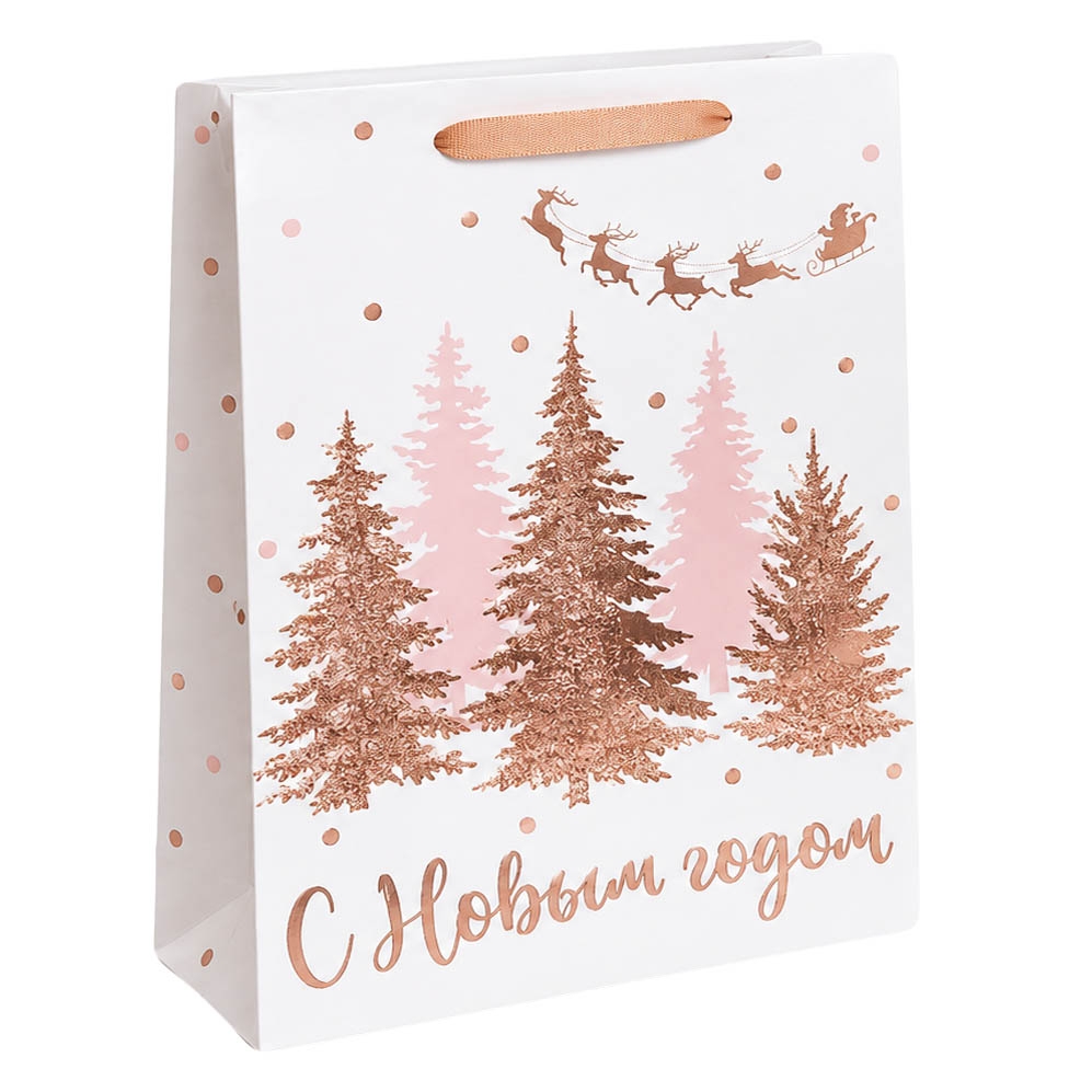Geschenktasche, M, 30x26 cm, "С Новым годом (Goldene Weihnachtsbäume)"
