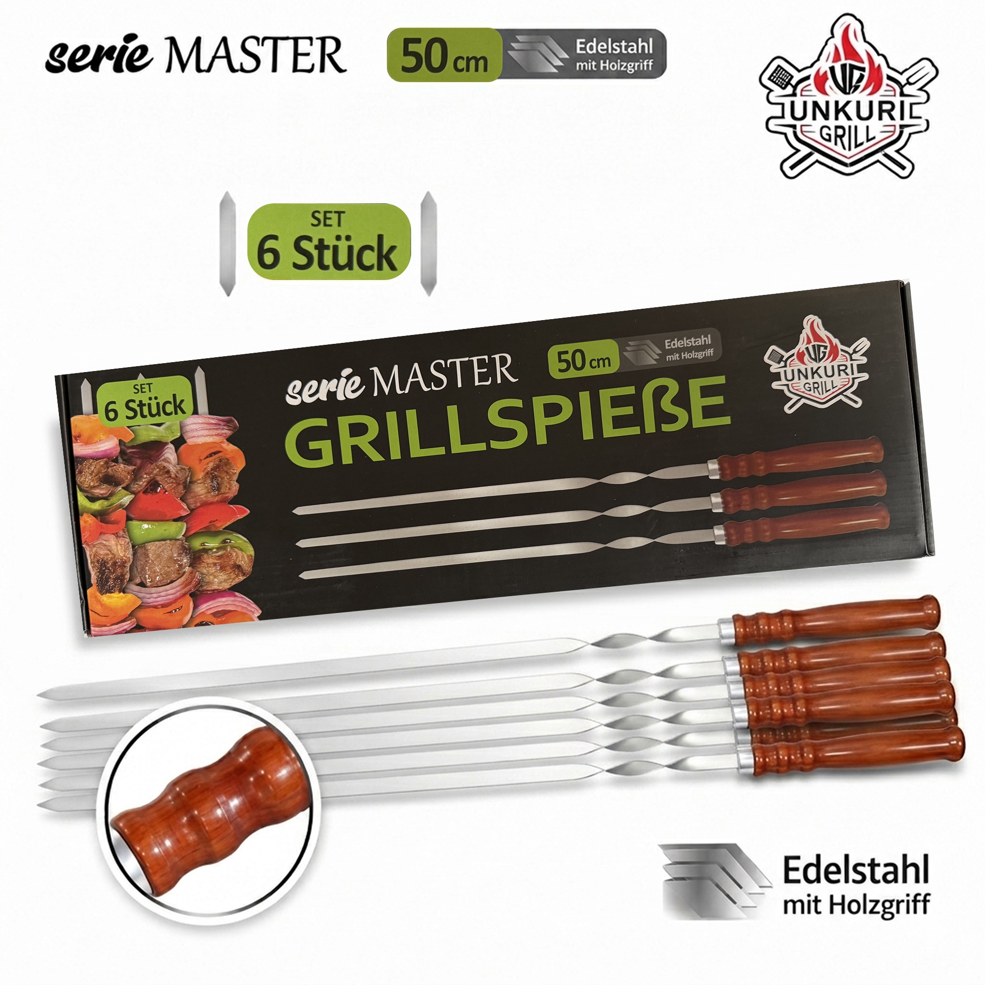 Grillspieße mit Holzgriffen, 50 cm x 1,5 cm x 2 mm, 6 St.
