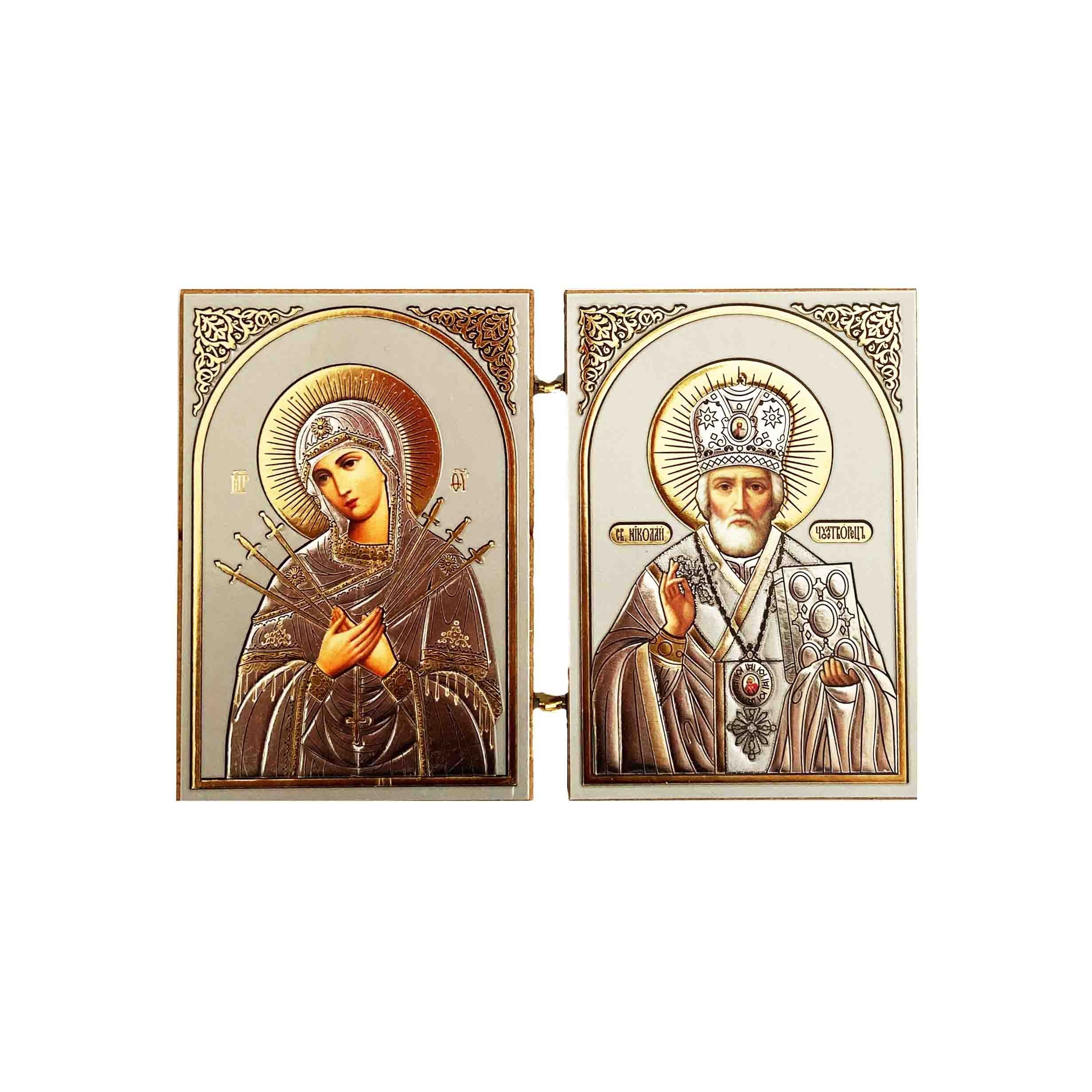 Ikone 2-fach (Holz), "Semistrelnaya und Nikolay" 6x9 cm