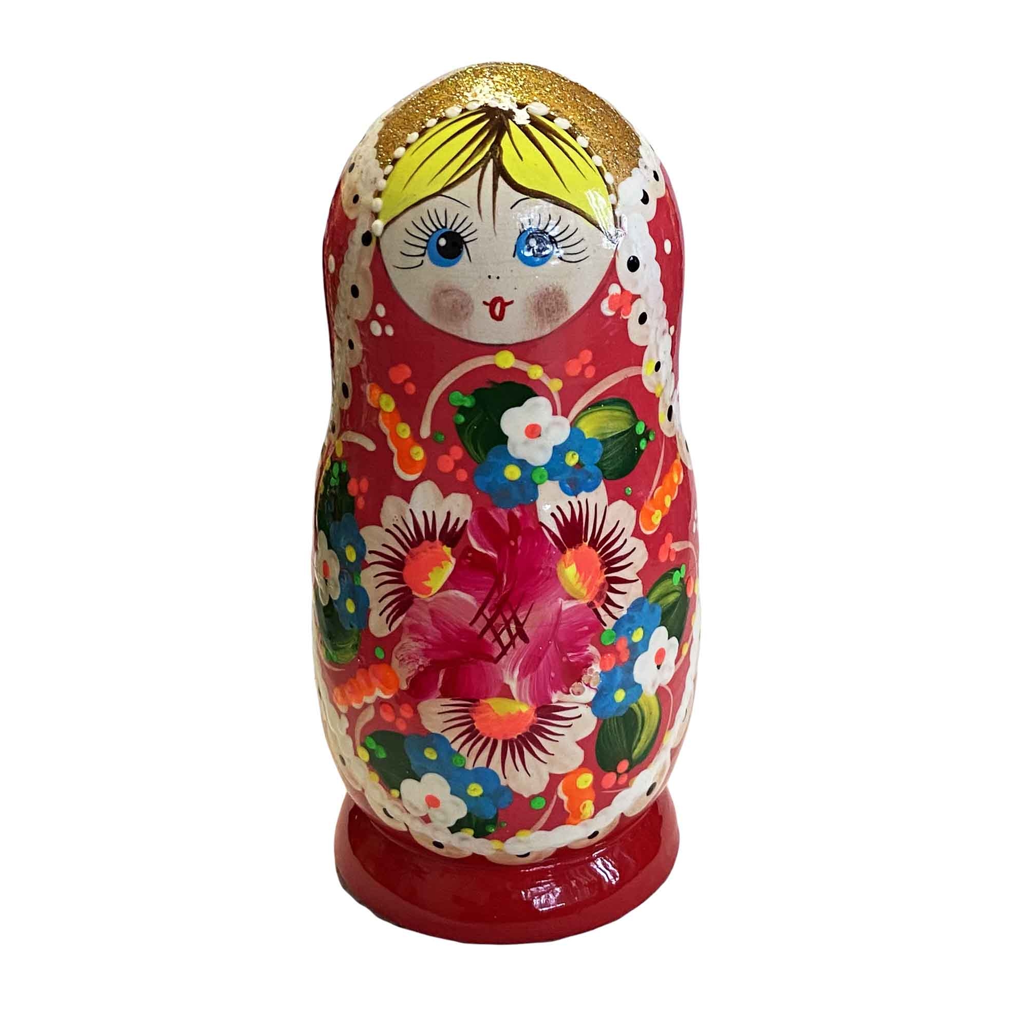Матрёшка "Народная роспись" - "Красная с золотом и тремя цветками", 15 см (5 мест)