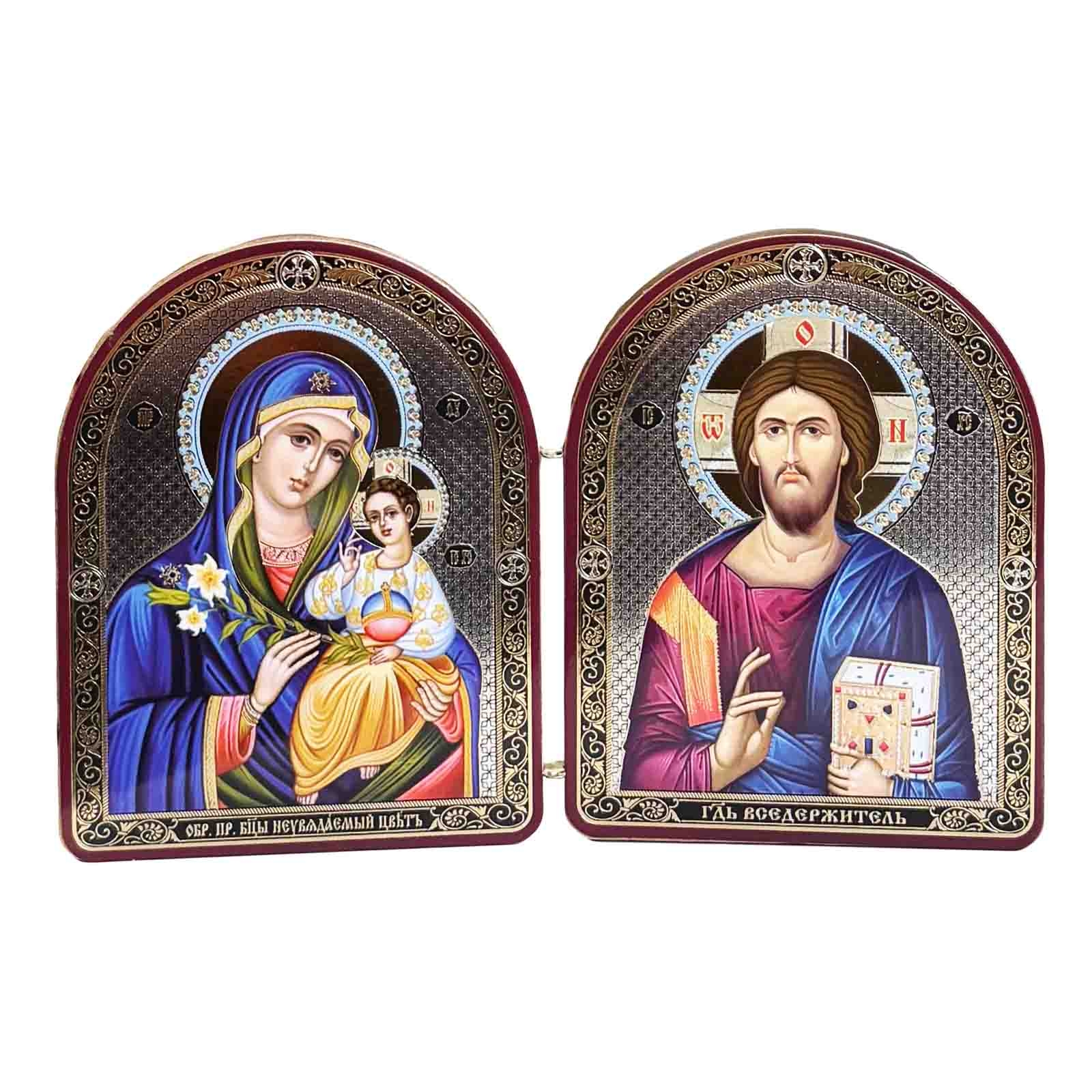 Складень фигурный, двойной "Казанская и Вседержитель", 10х12 см