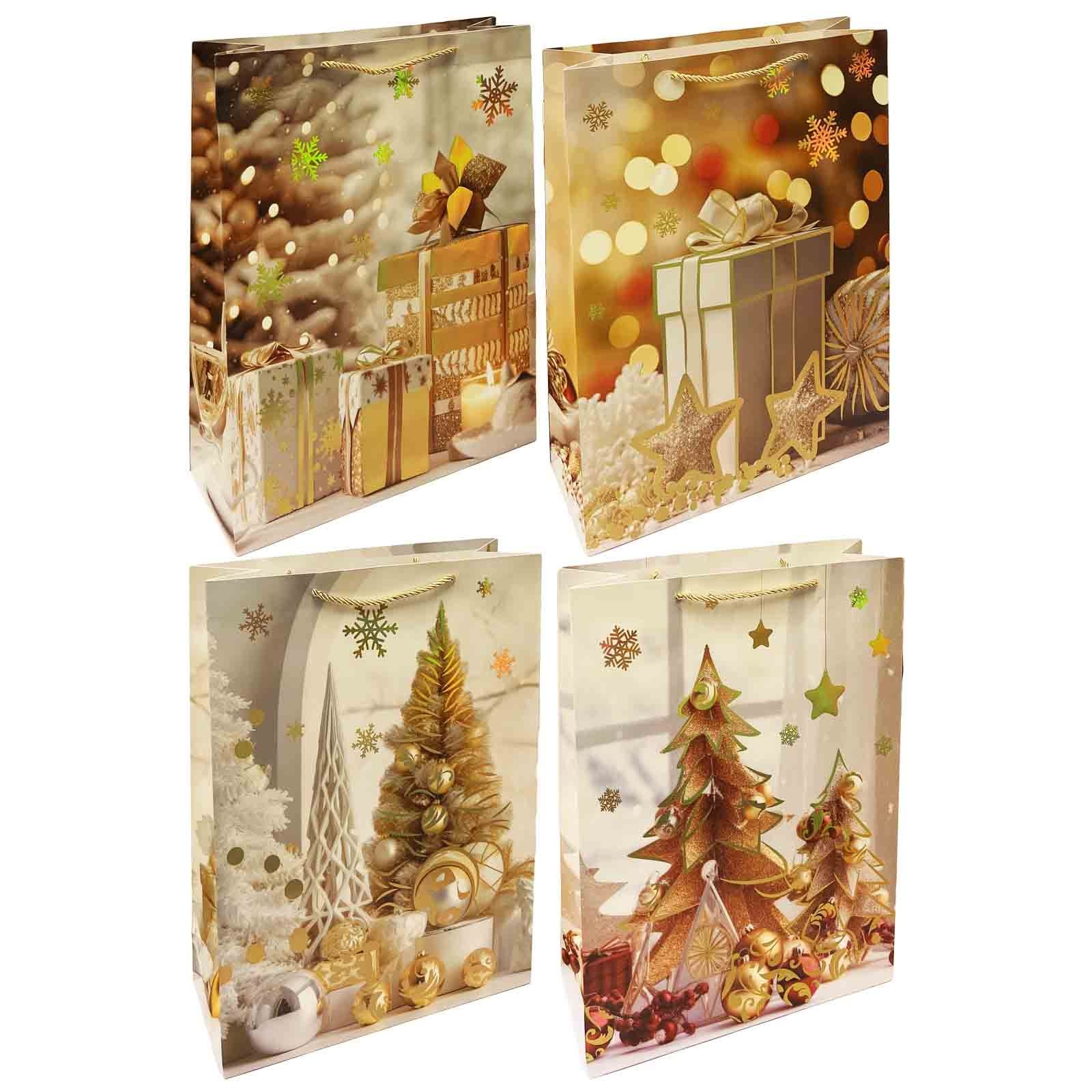 Geschenktasche Set, M, 32x26cm, "Weihnachtsbaum, Geschenke", weiß mit Gold