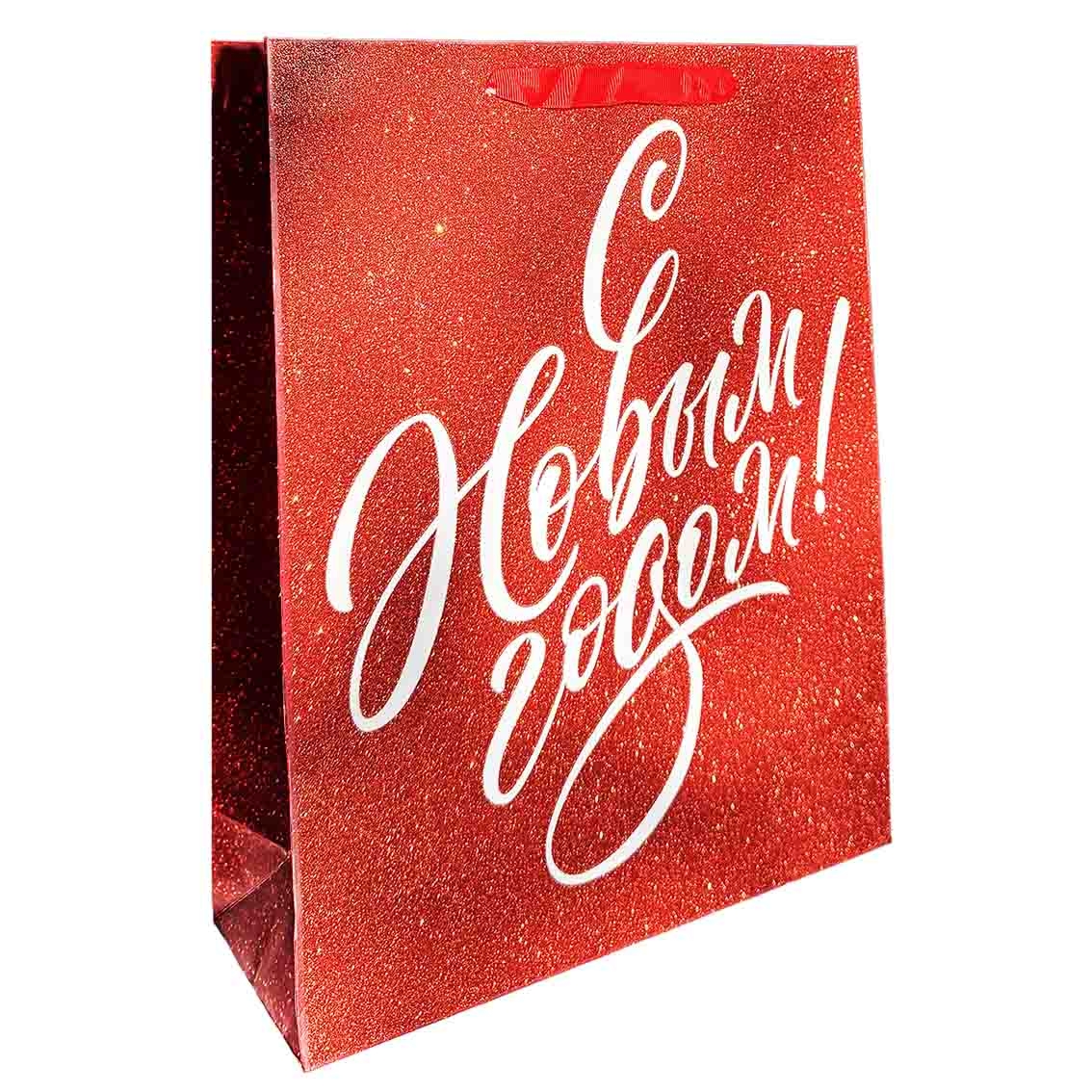 Geschenktasche, L, 44x32 cm, "С Новым годом (glänzend rot)"