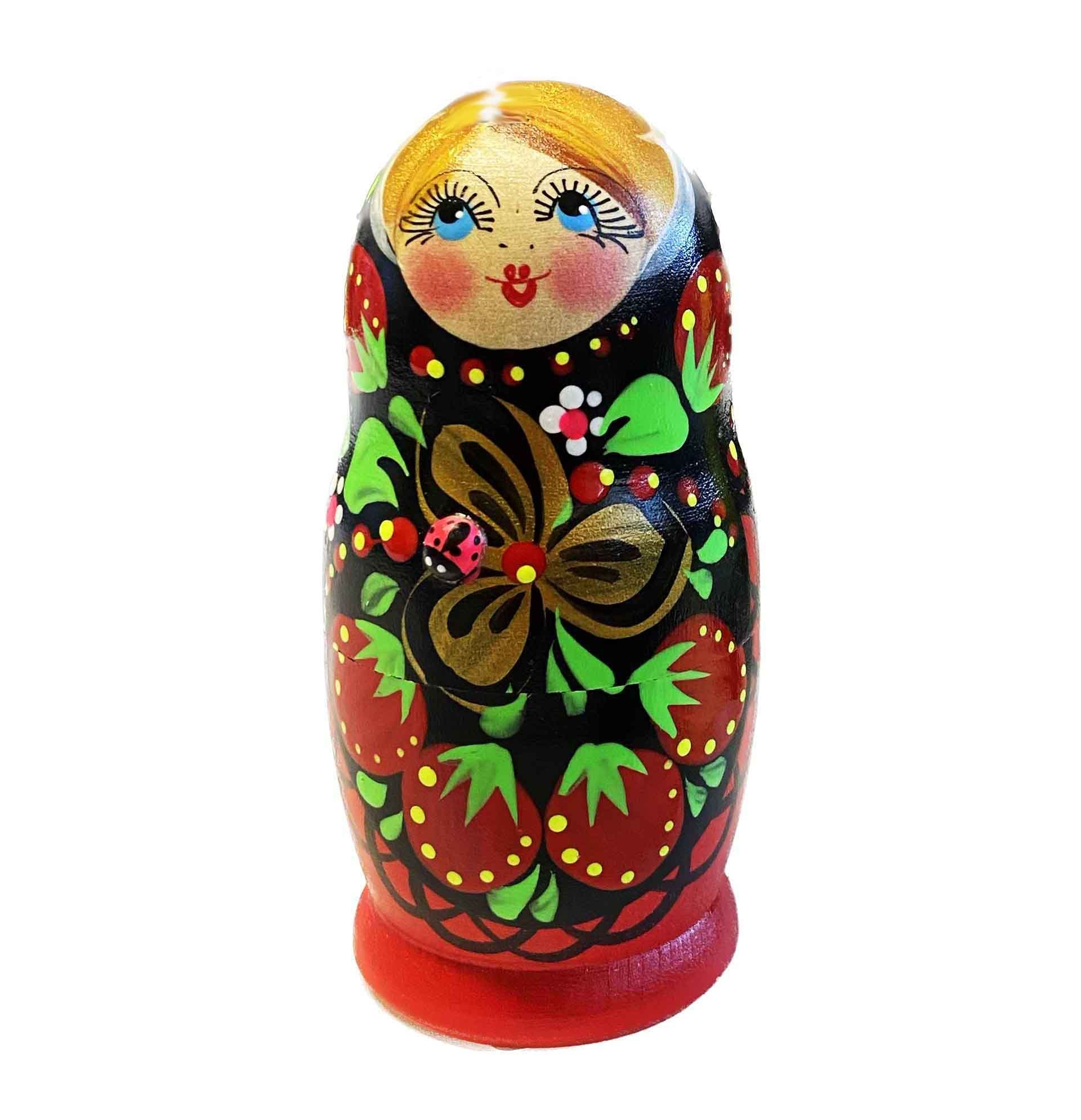 Matröschka "Volksmalerei", "Schwarz mit Erdbeeren", 10-12cm (5 Figuren)