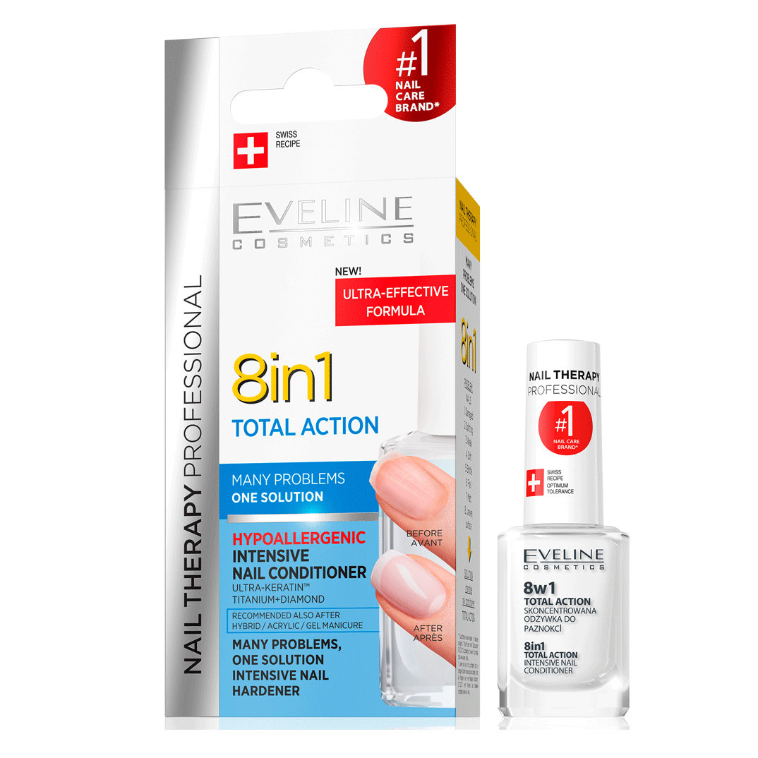 Eveline - средство для ногтей "Total action" 8 в 1, серебрянное сияние.