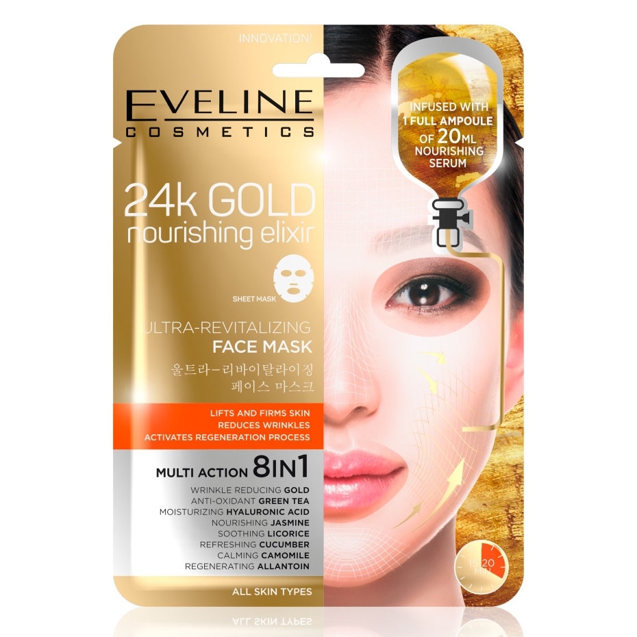 Eveline - Gesichtsstoffmaske mit 24k Gold nahrhaft Elixir, 8 in 1