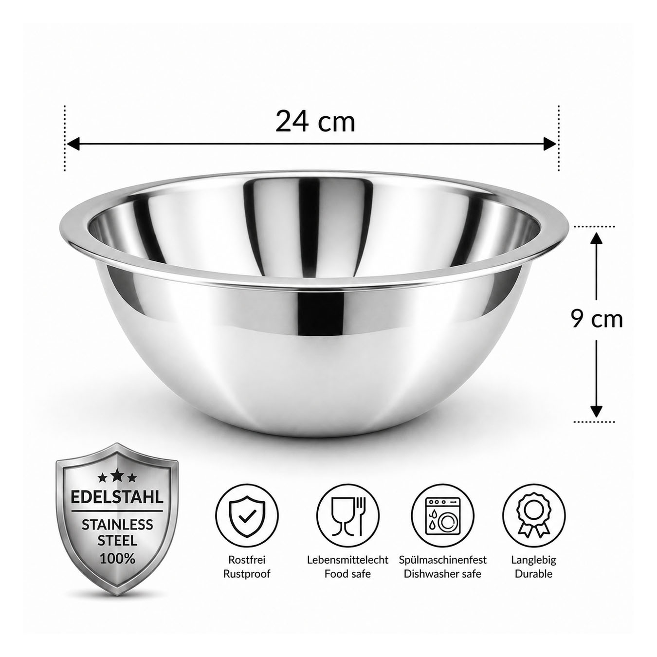 Edelstahlschüssel, glänzend, Ø24 cm, 2L