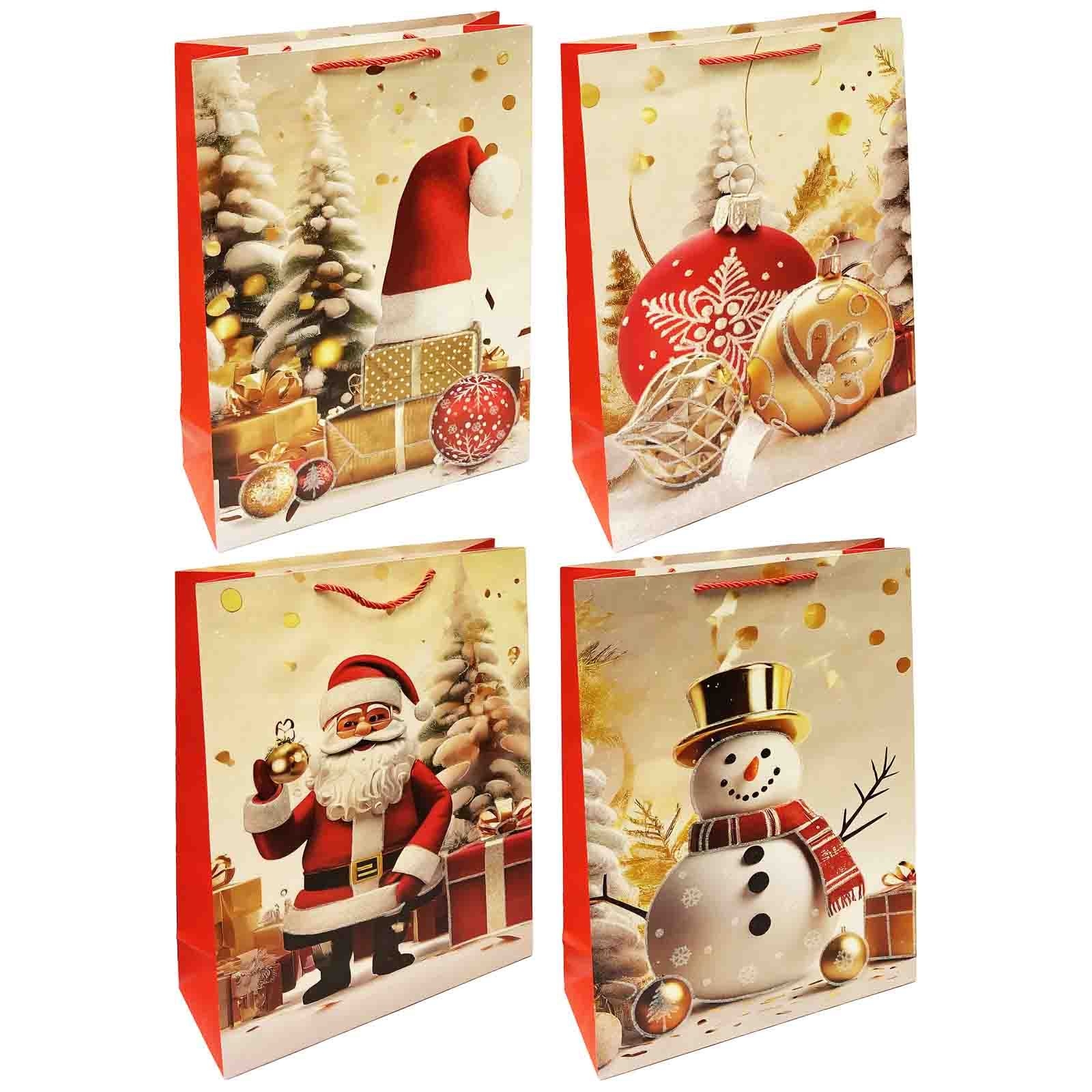 Geschenktasche Set, M, 32x26cm, "Schneemann, Weihnachtсhutte, Santa" weiß/rot