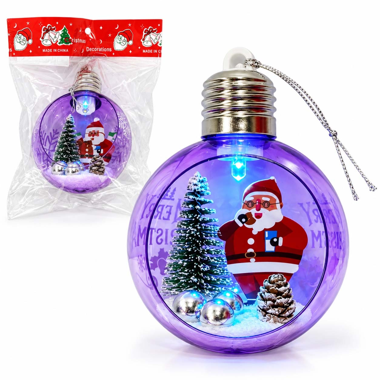 Tannenbaumkugel LED, Kunststoff, Ø 8 cm, "Merry Christmas" violett, 1 St.