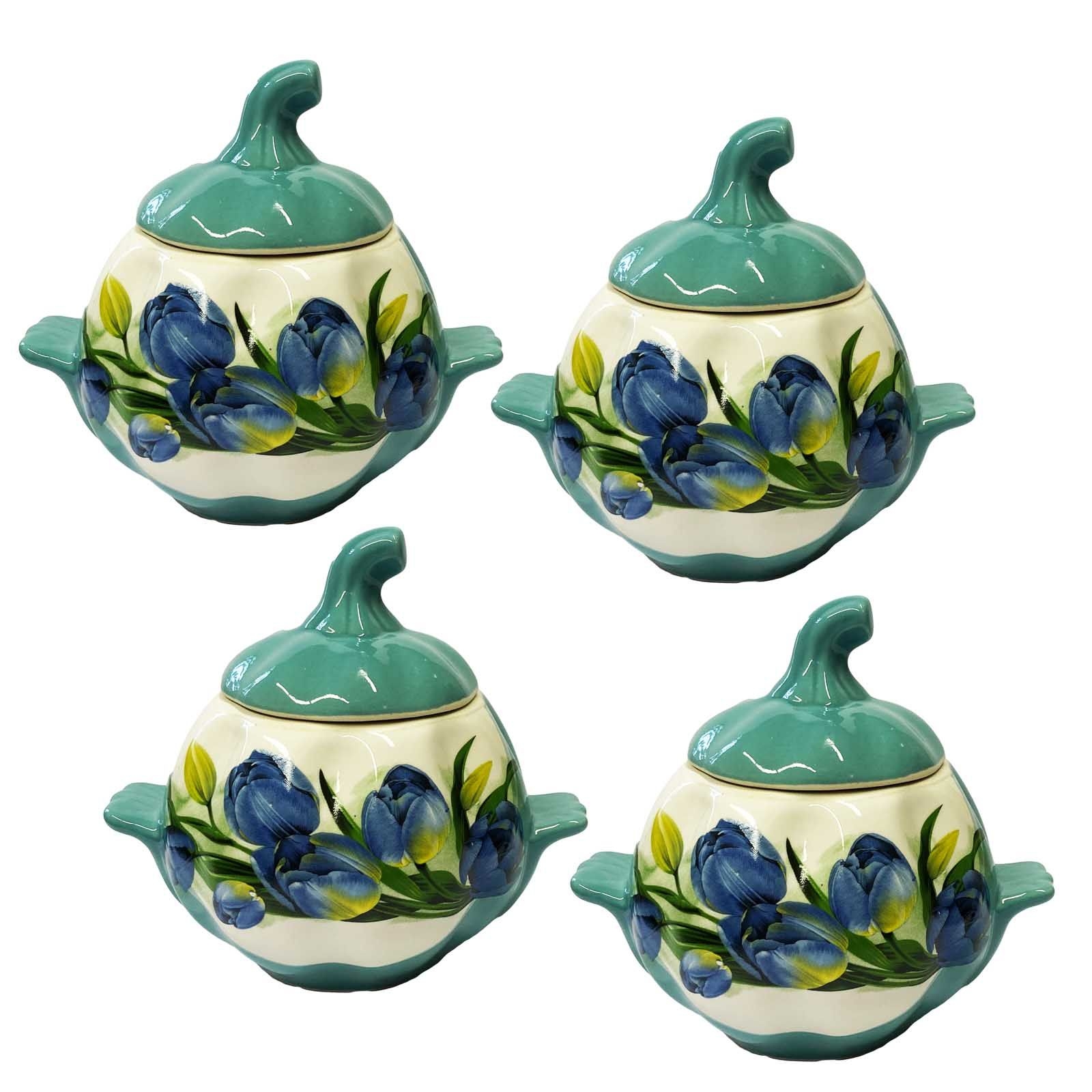Keramiktopf "Blauer Tulpen" mit Griffen, 750 ml, Set aus 4 St.