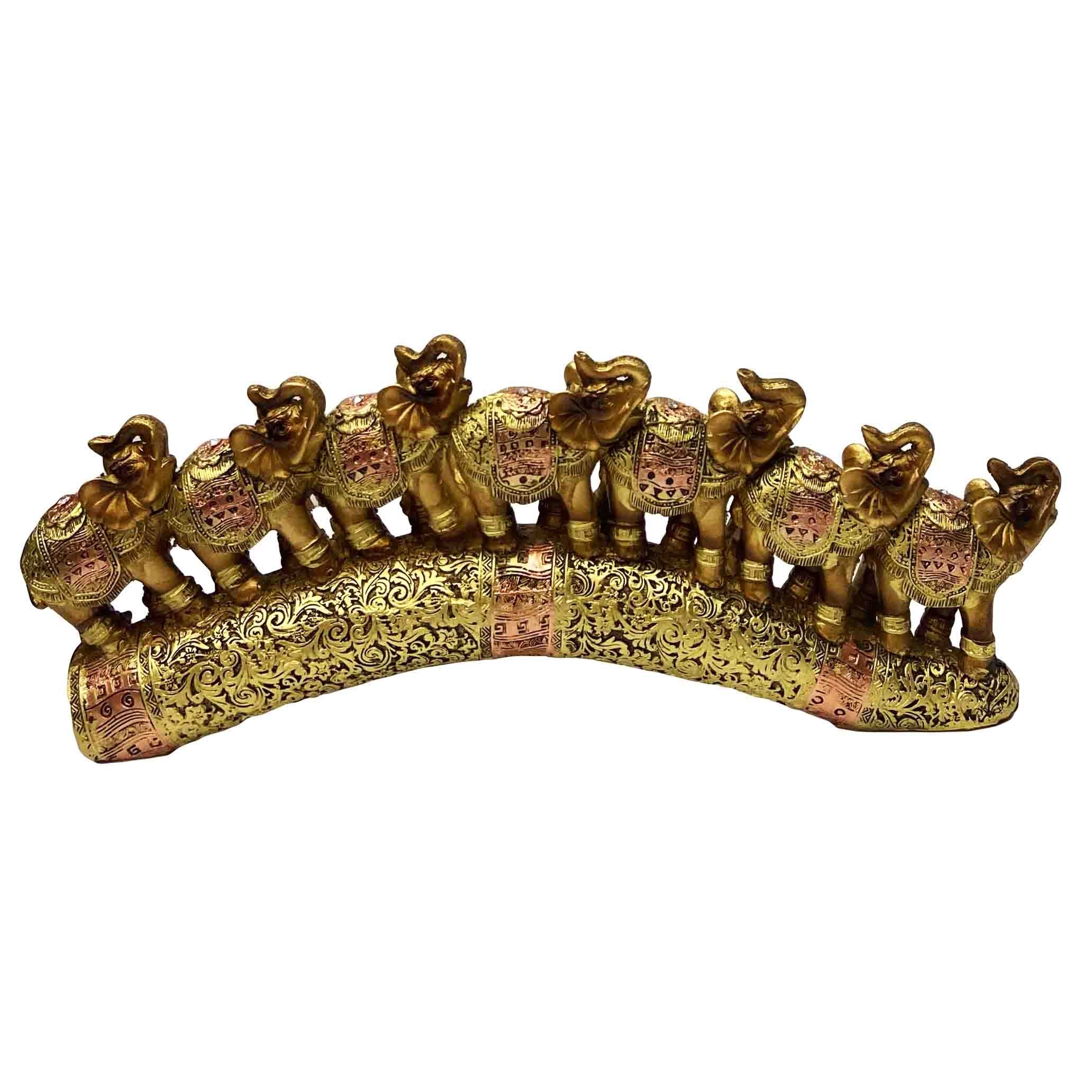 Keramikfiguren "7 Elefanten auf einem Stoßzahn", Bronze mit Gold, 30х12 cm