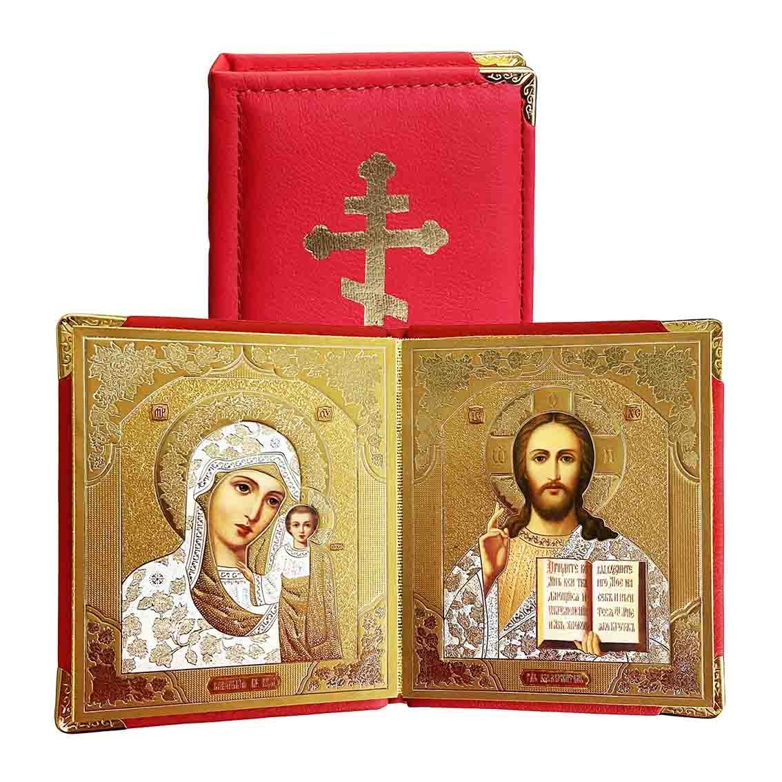 Ikone 2-fach (Holz in Kunstleder, rot), 10x12 cm